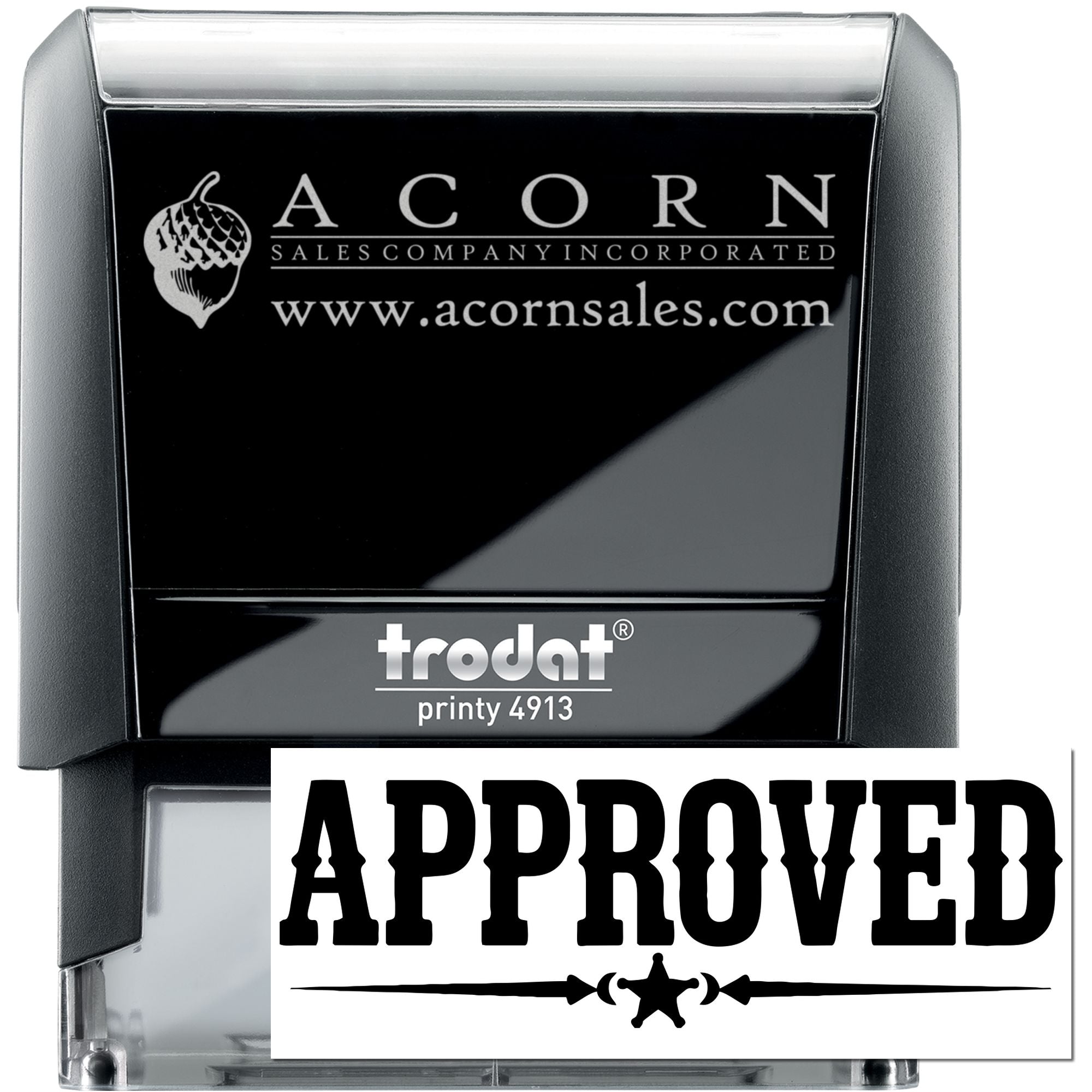 Custom self-inking business rubber stamp, Trodat Printy 4913, with Acorn Sales logo and Approved imprint.