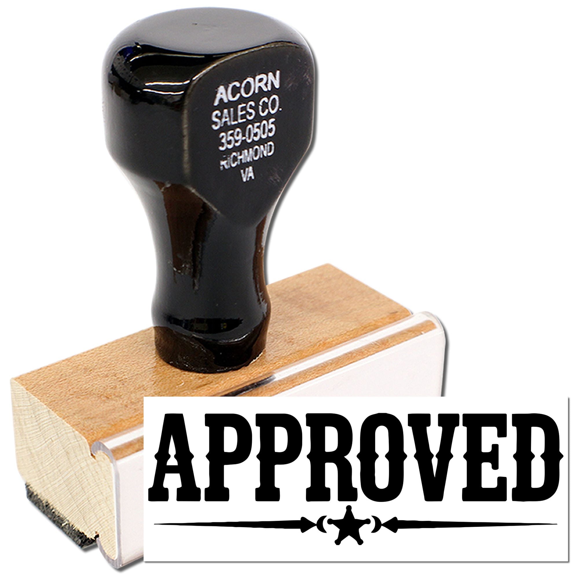 Approved rubber stamp with wood handle for office use, document approval, and business paperwork.