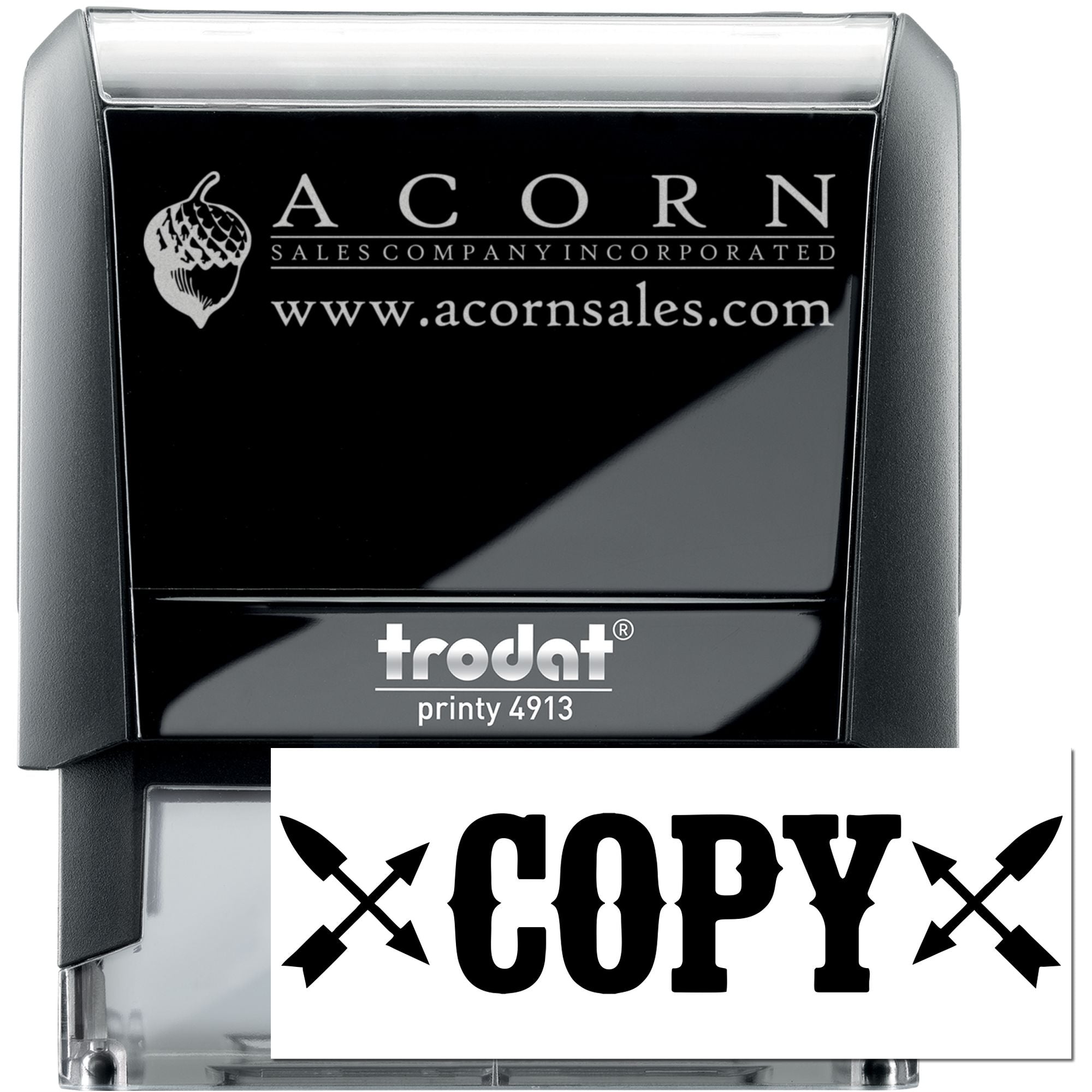 Custom Trodat Printy 4913 self-inking rubber stamp with Acorn Sales logo, website, and COPY imprint preview.