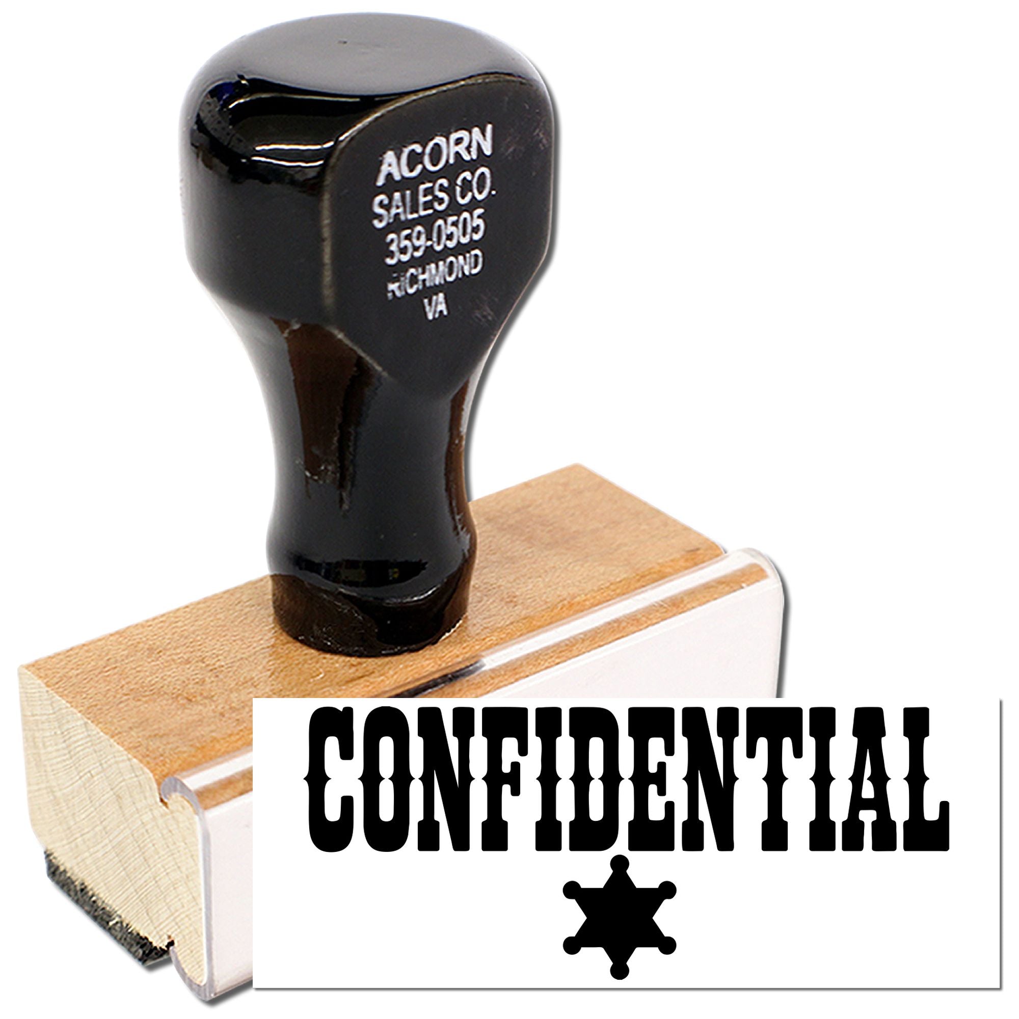Confidential rubber stamp with black handle for marking secure documents, records, and office files.