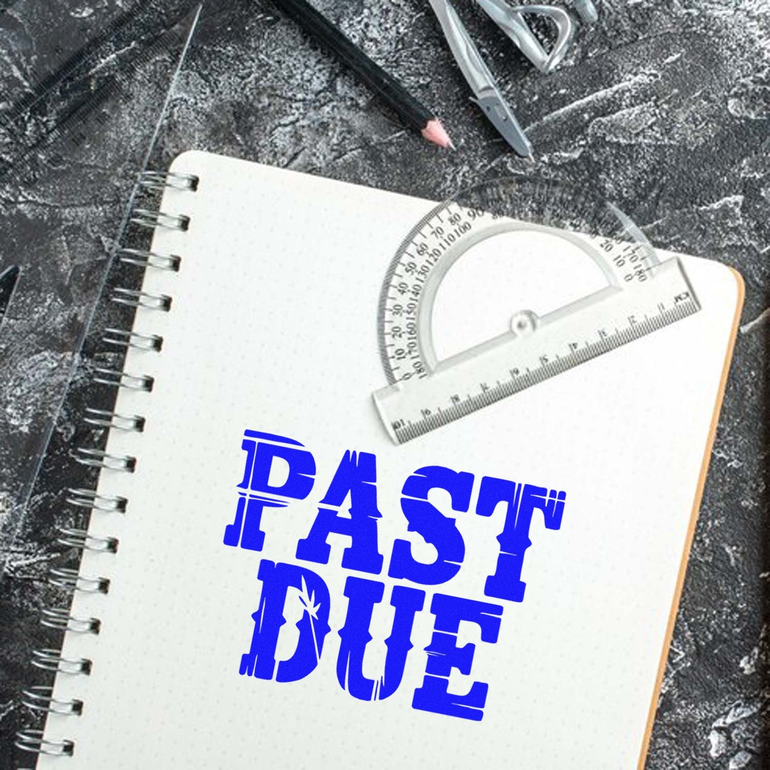 Past Due rubber stamp imprint on notebook page for office billing, invoice, and payment reminder use.