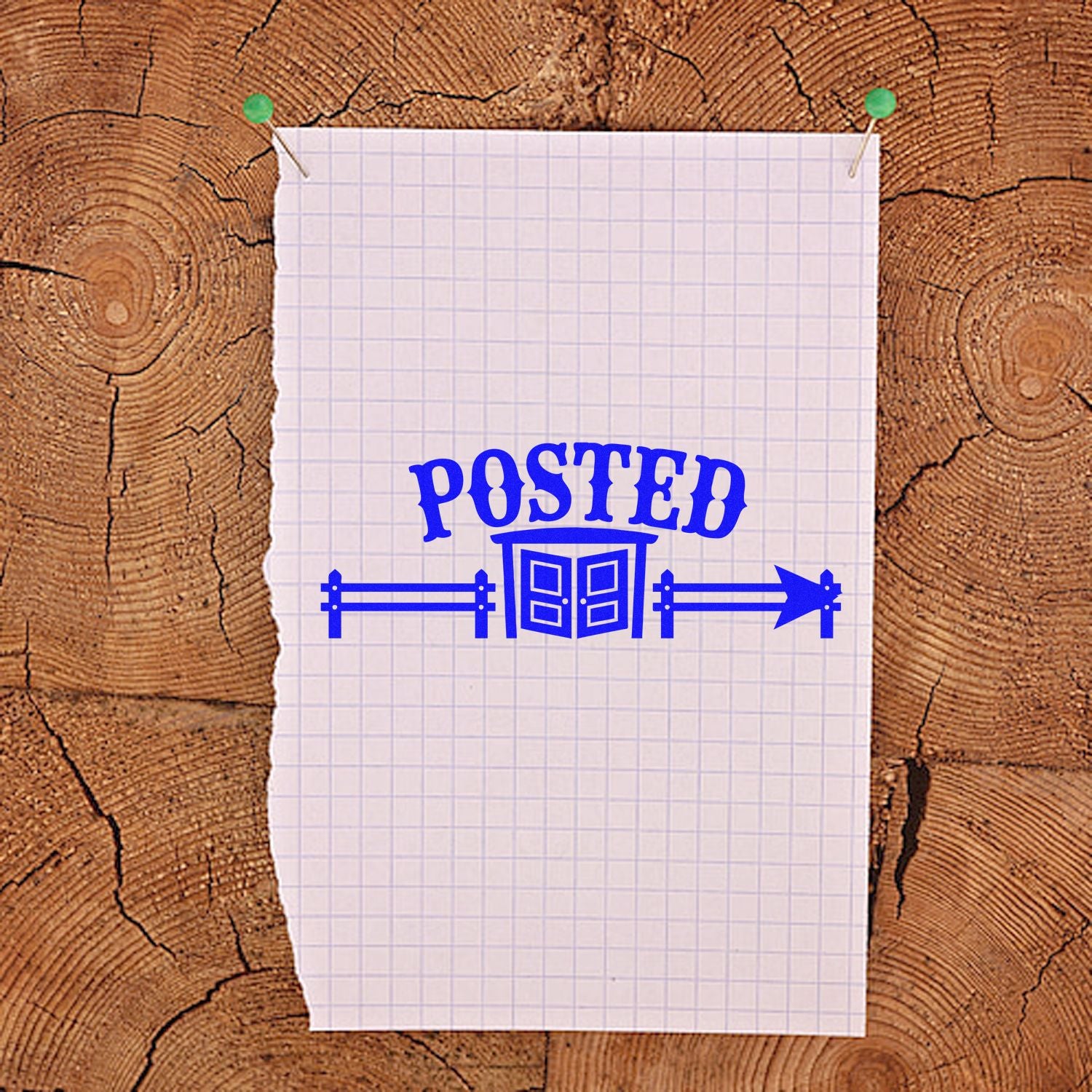 Posted rubber stamp design with a post office door, arrow, and fence graphic on pinned graph paper