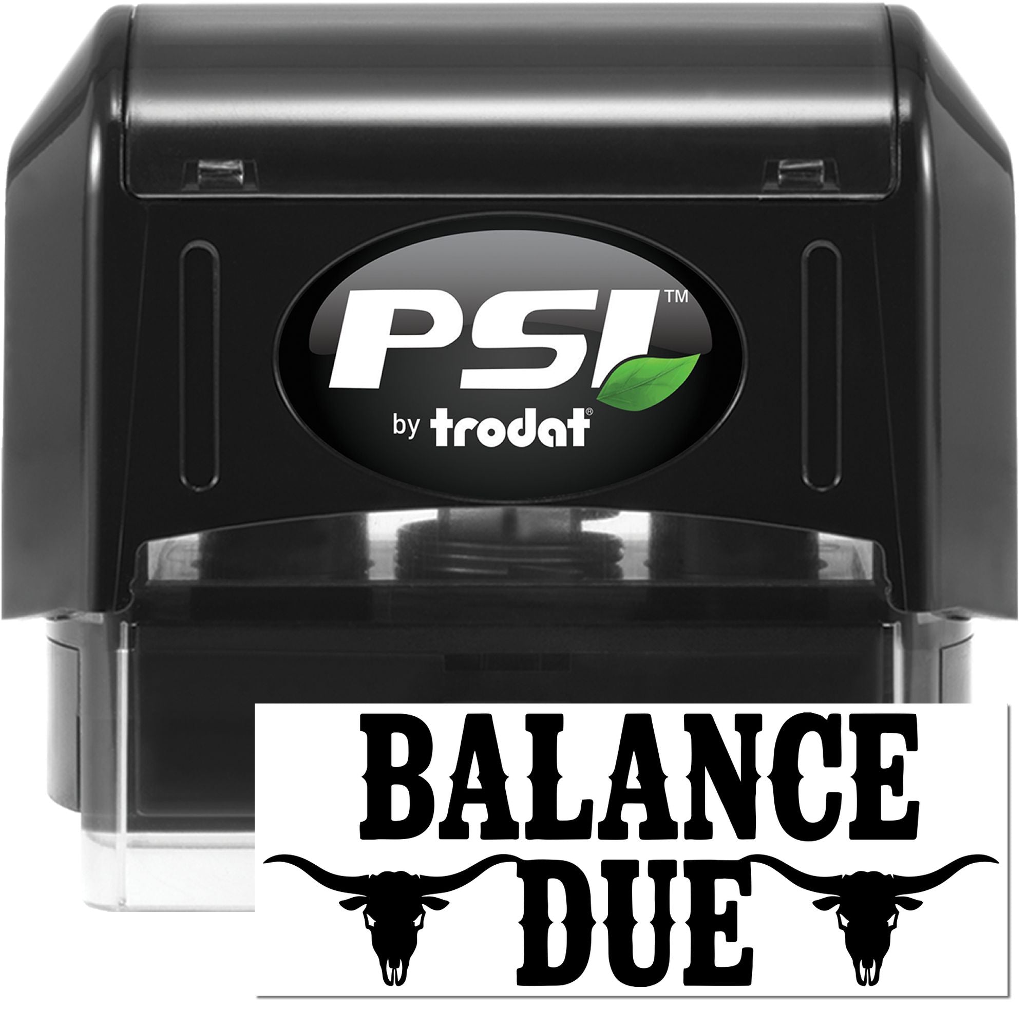 Custom self-inking rubber stamp for balance due invoices, with bold Western lettering and steer skull design.
