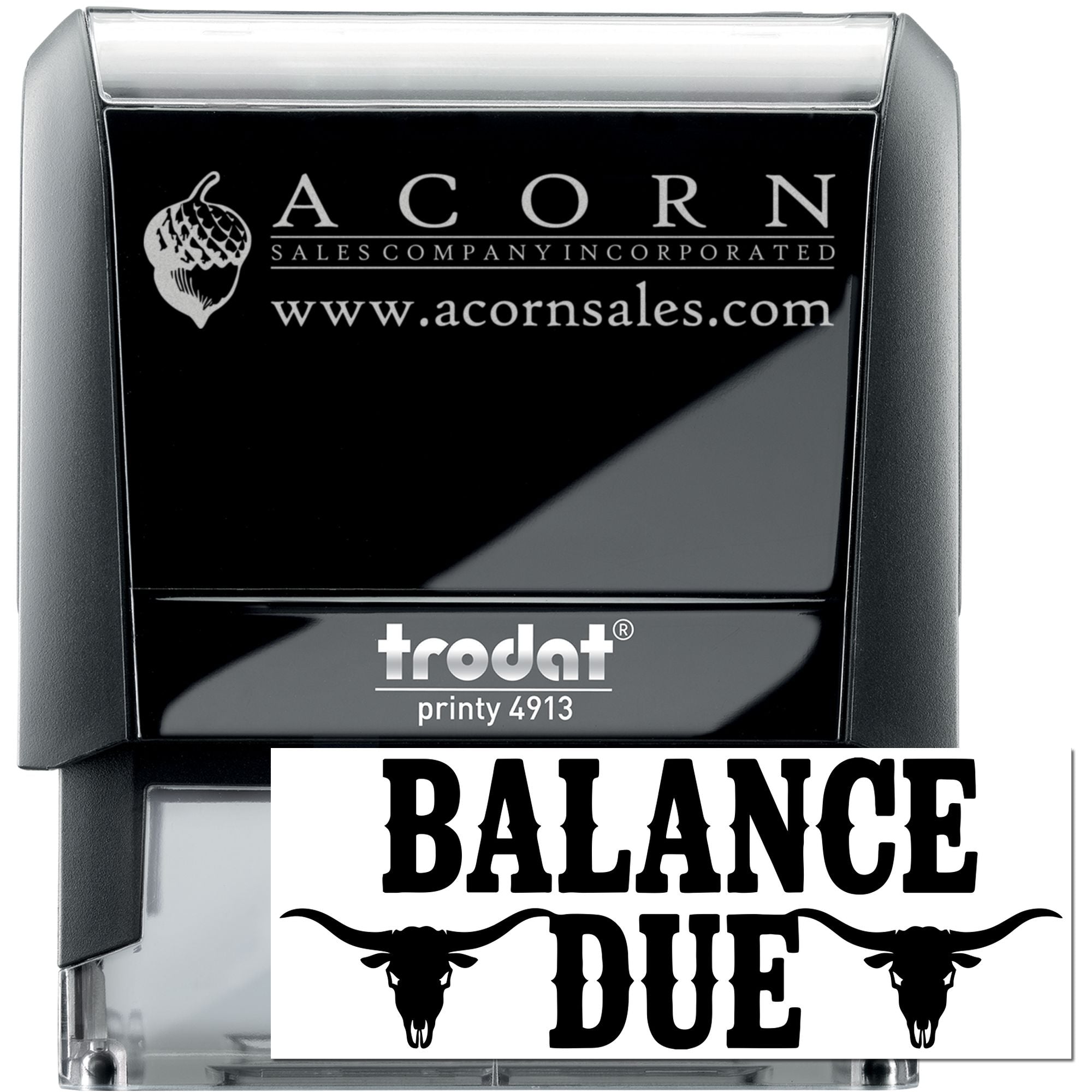 Custom Trodat Printy 4913 self-inking rubber stamp for balance due notices with longhorn skull design.
