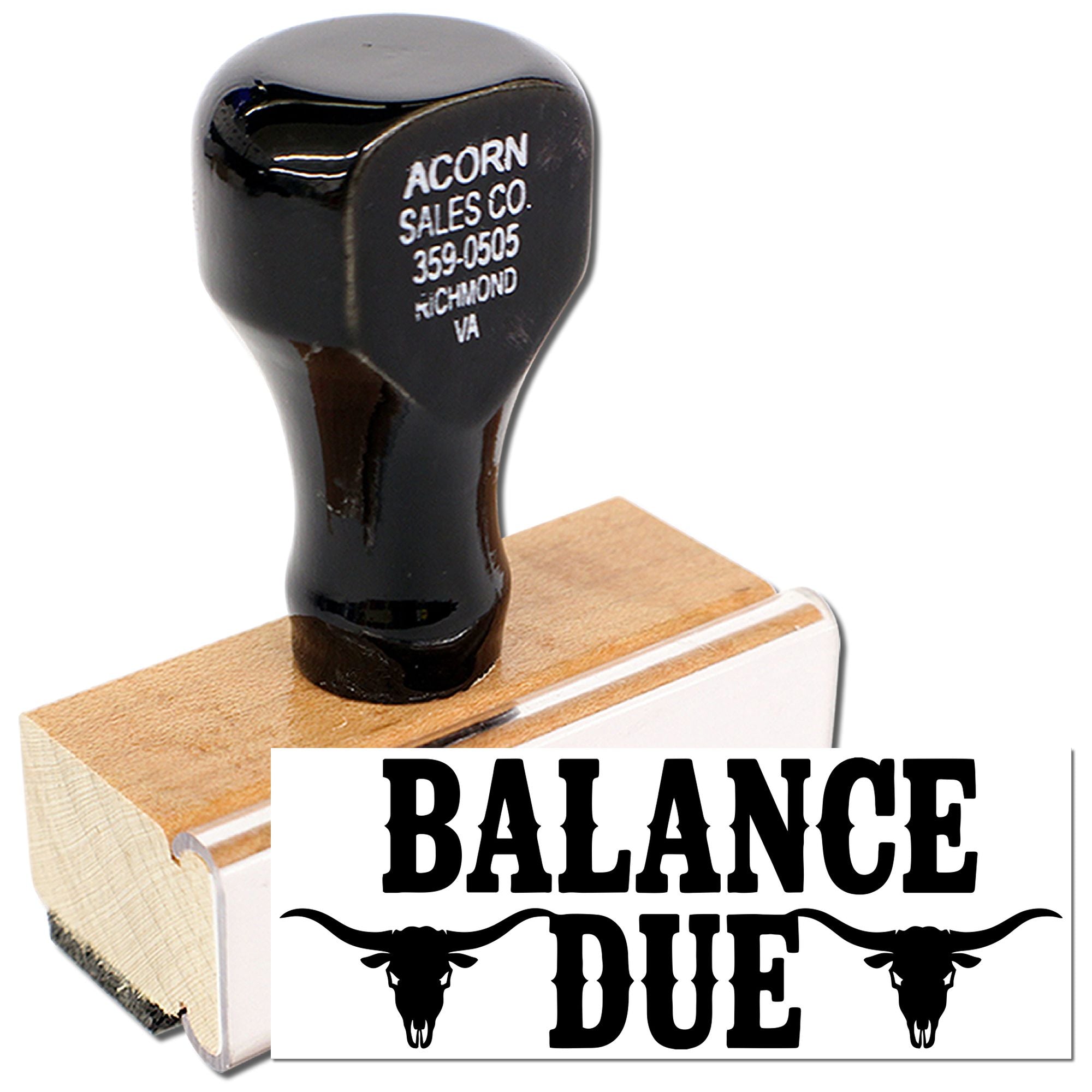 Custom wooden rubber stamp with Balance Due text and cattle skull design for invoices and payment reminders