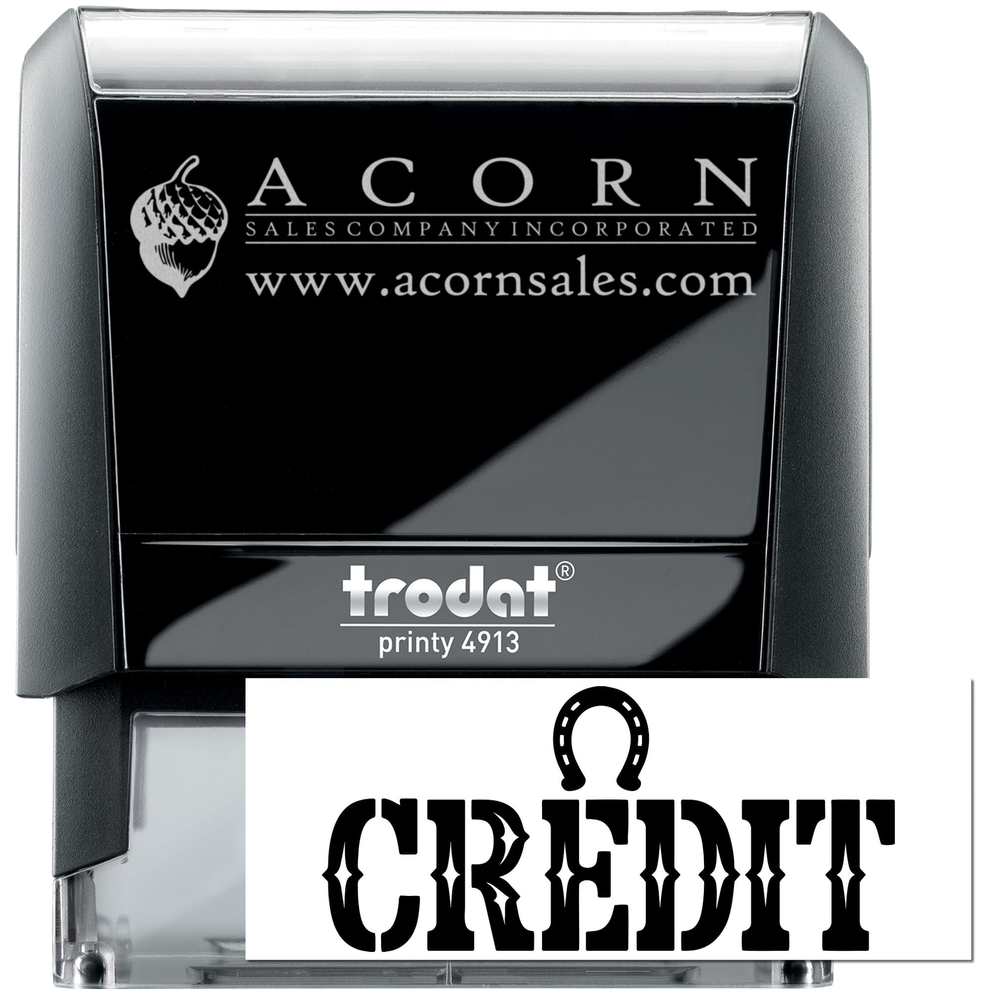 Custom self-inking rubber stamp, Trodat Printy 4913, with Acorn Sales Company logo and website for business branding.