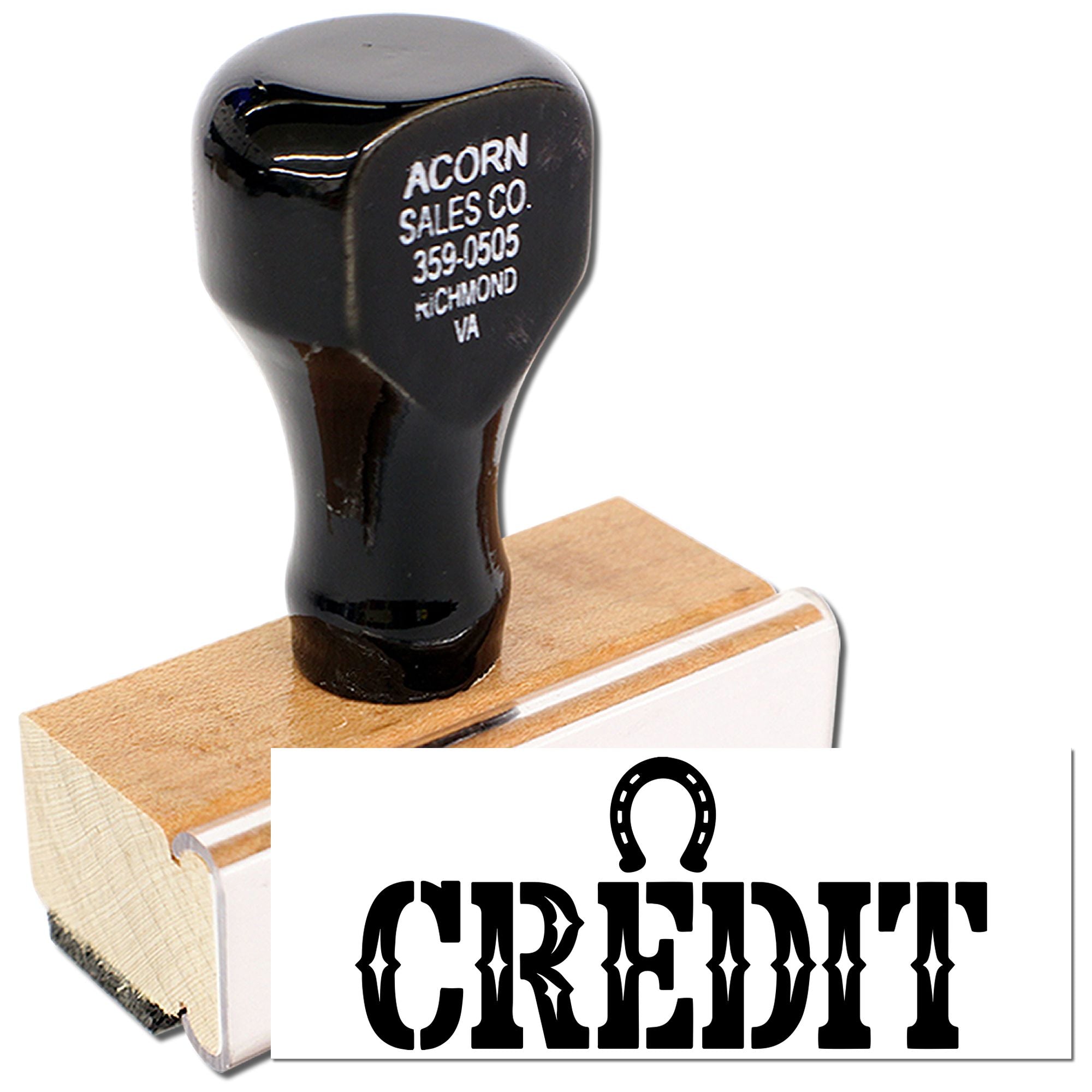 Credit rubber stamp with bold CREDIT imprint, wooden handle, for office accounting and document marking.
