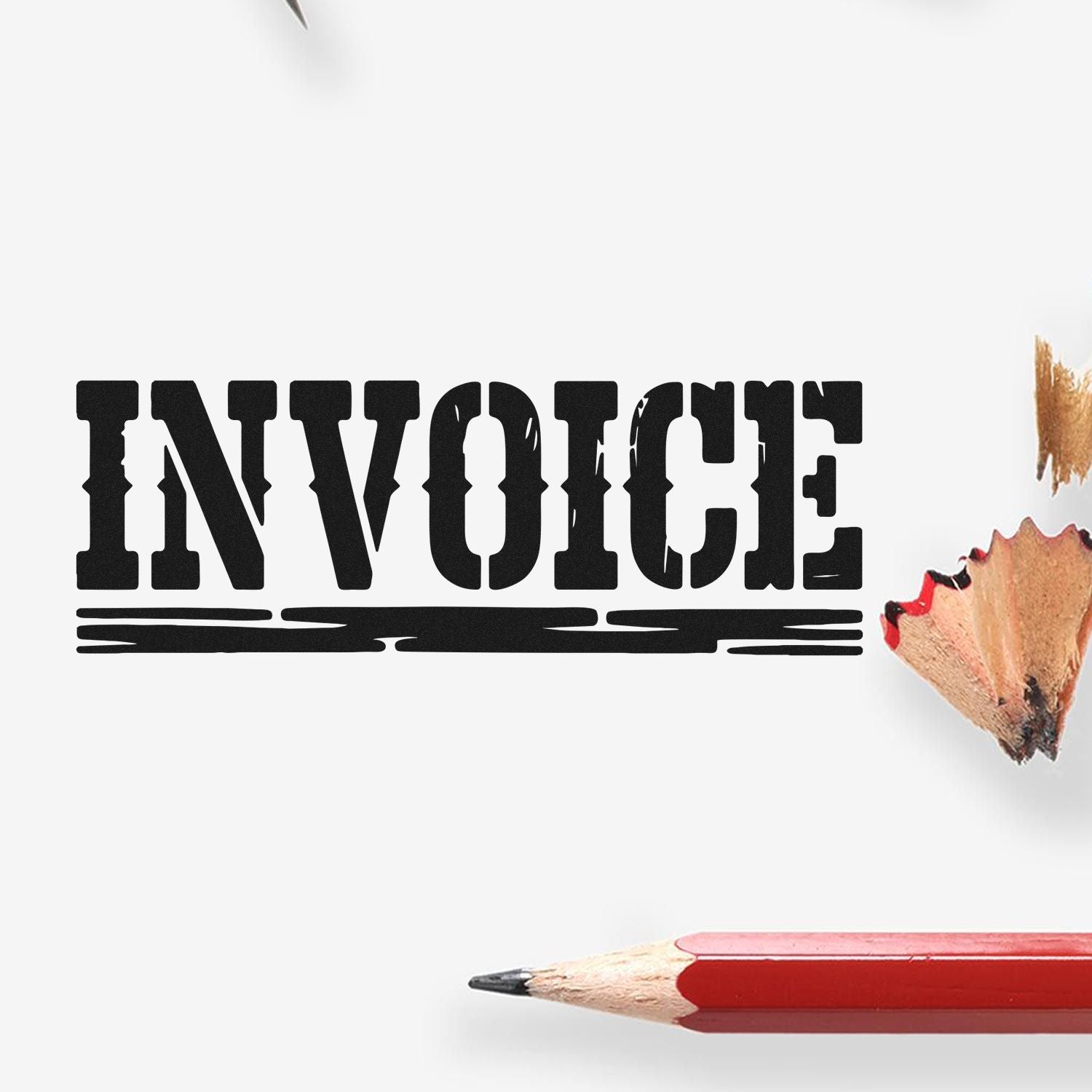Invoice rubber stamp design with pencil, ideal for business accounting and office document labeling.