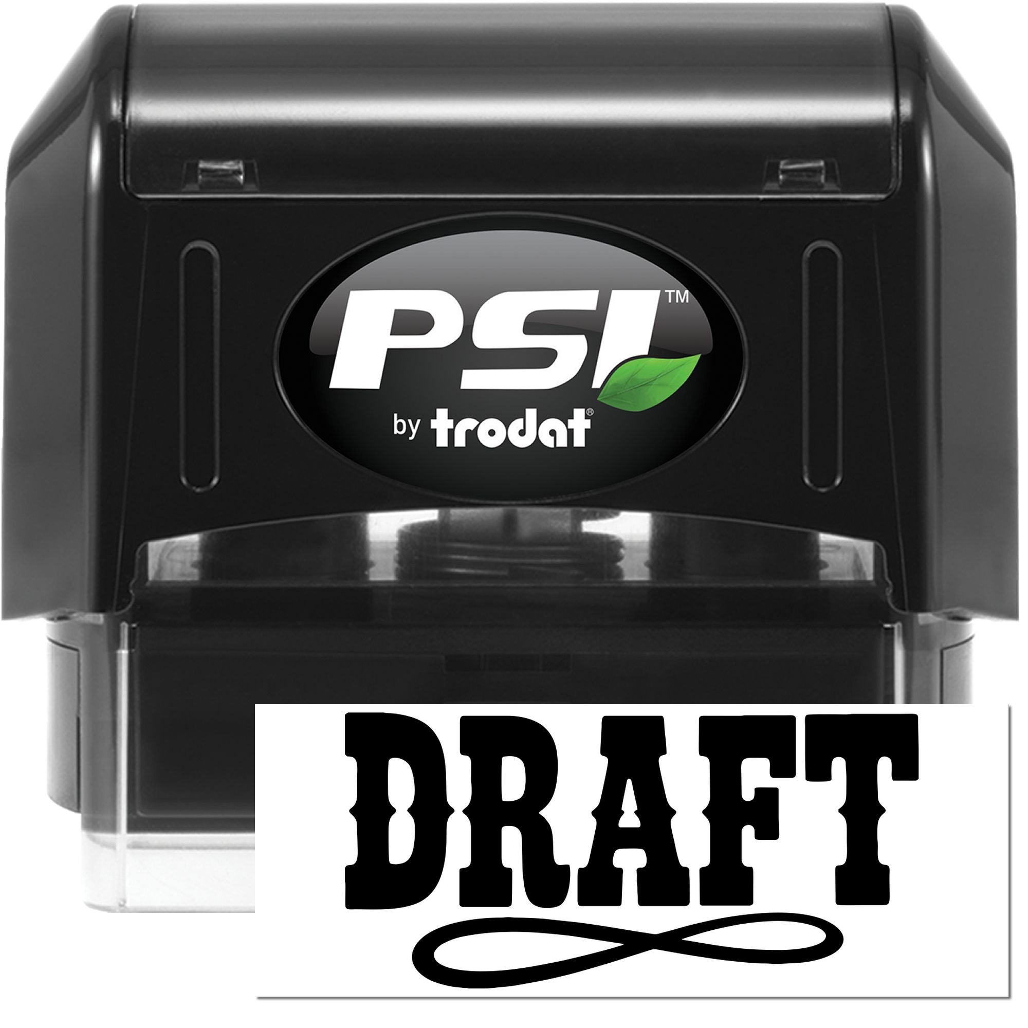 PSI by Trodat self-inking rubber stamp with DRAFT imprint for document review and office approval.