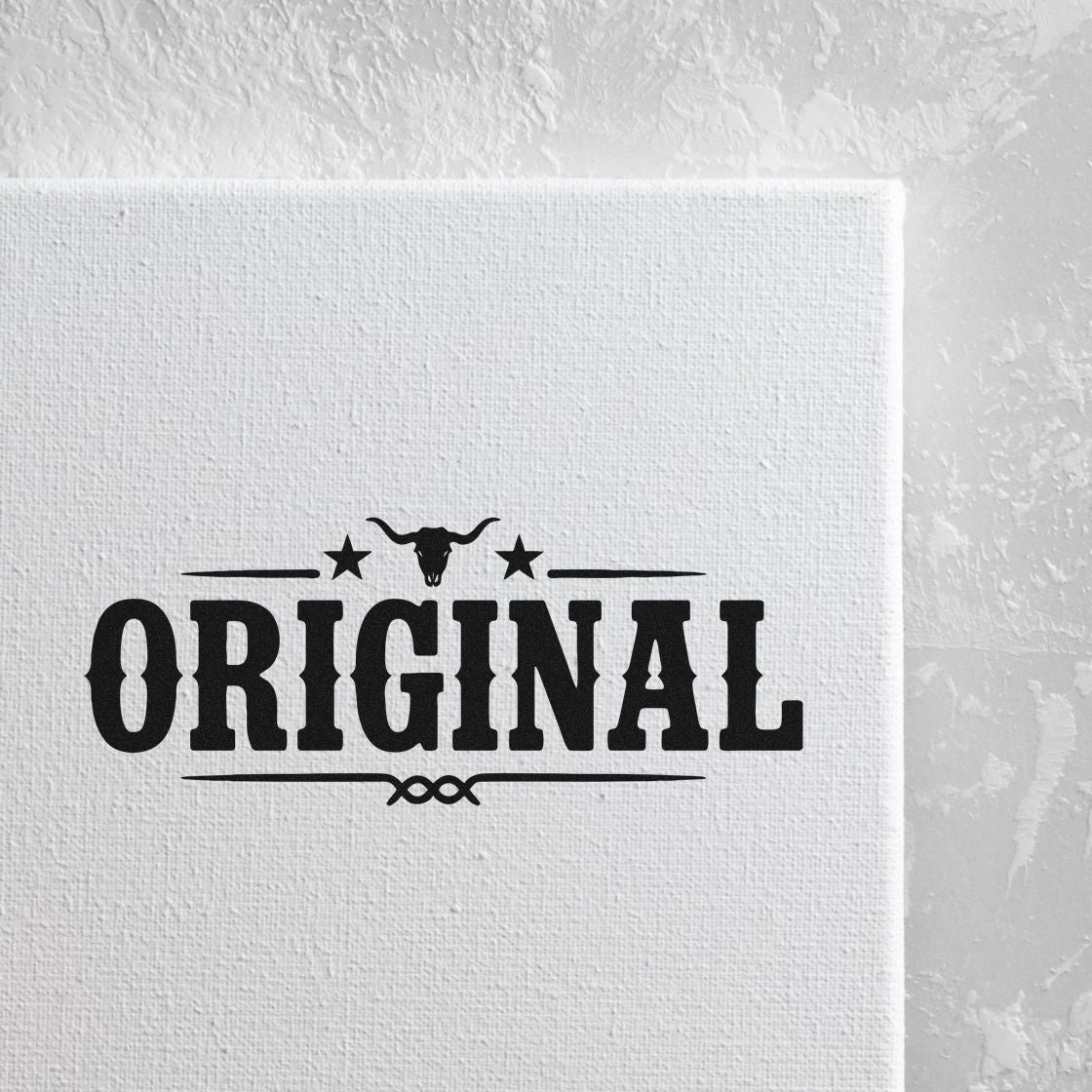 Original rubber stamp design with western bull skull and stars for rustic branding, handmade packaging, and craft projects.