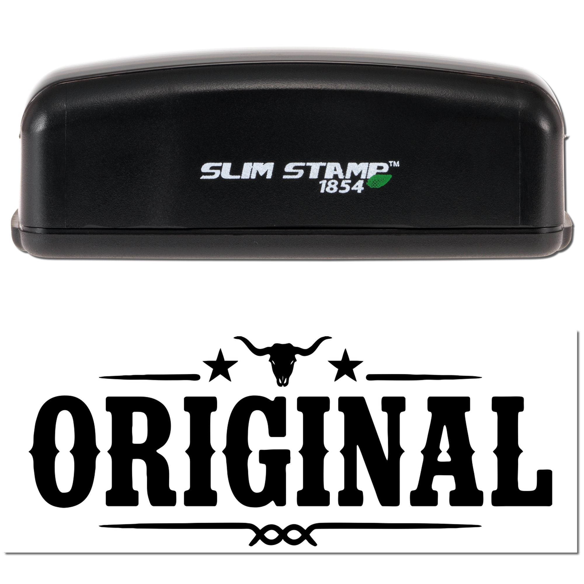 Slim Stamp 1854 self-inking rubber stamp with Western Original longhorn skull logo imprint.