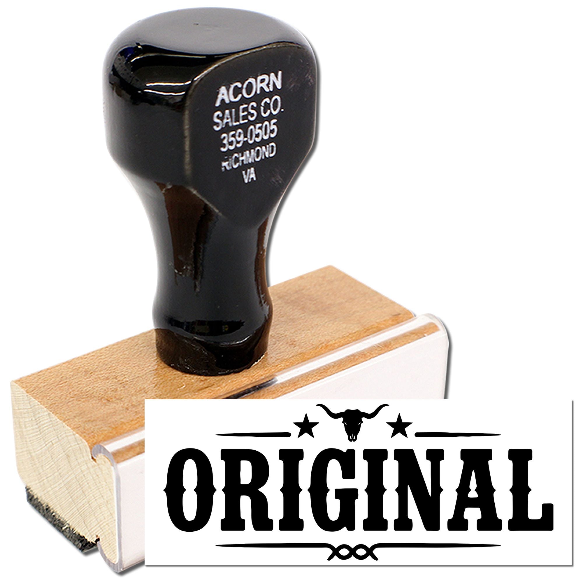 Custom wooden rubber stamp with ORIGINAL imprint for branding, packaging, or business documents.