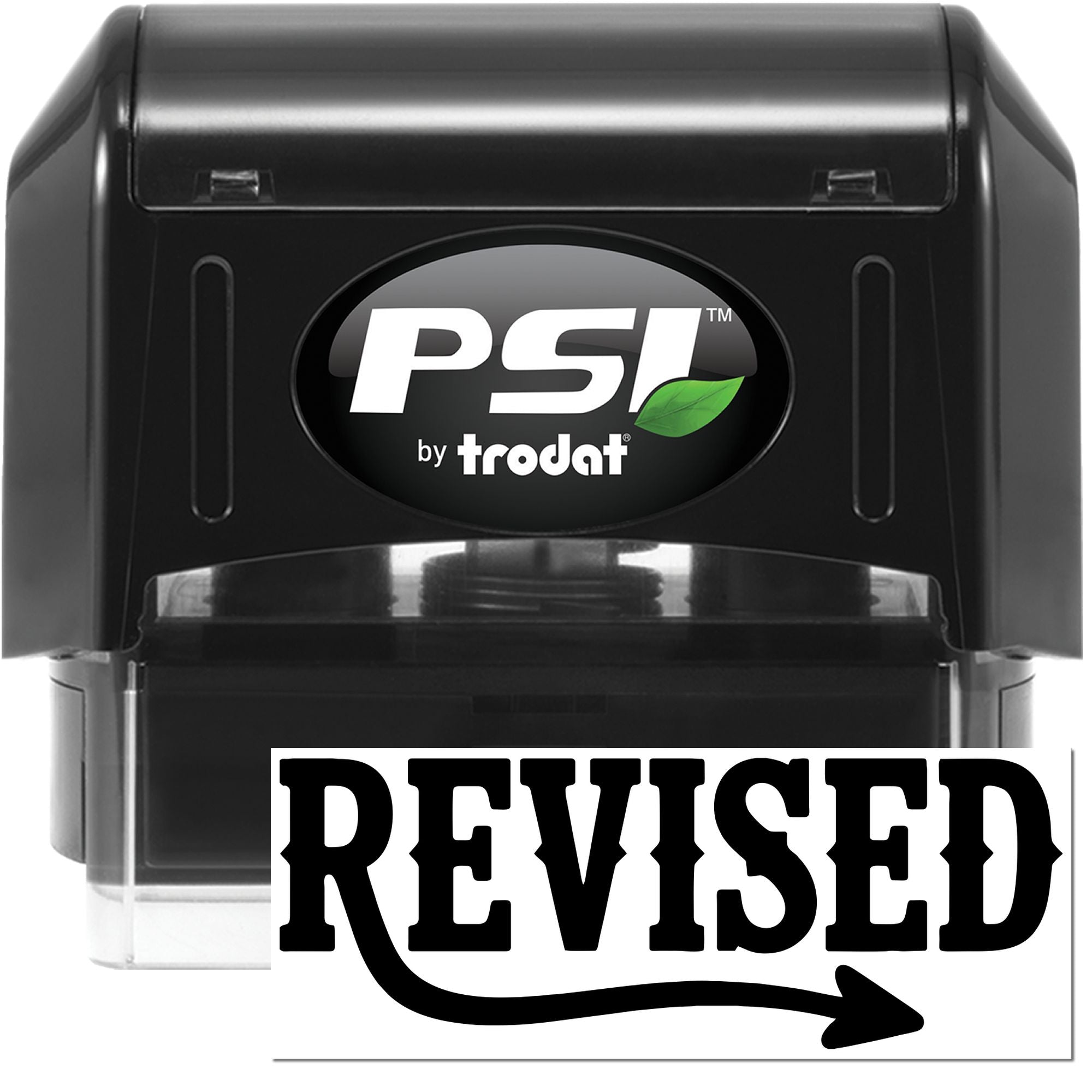 PSI by Trodat self-inking rubber stamp with REVISED imprint for office document updates and record correction.