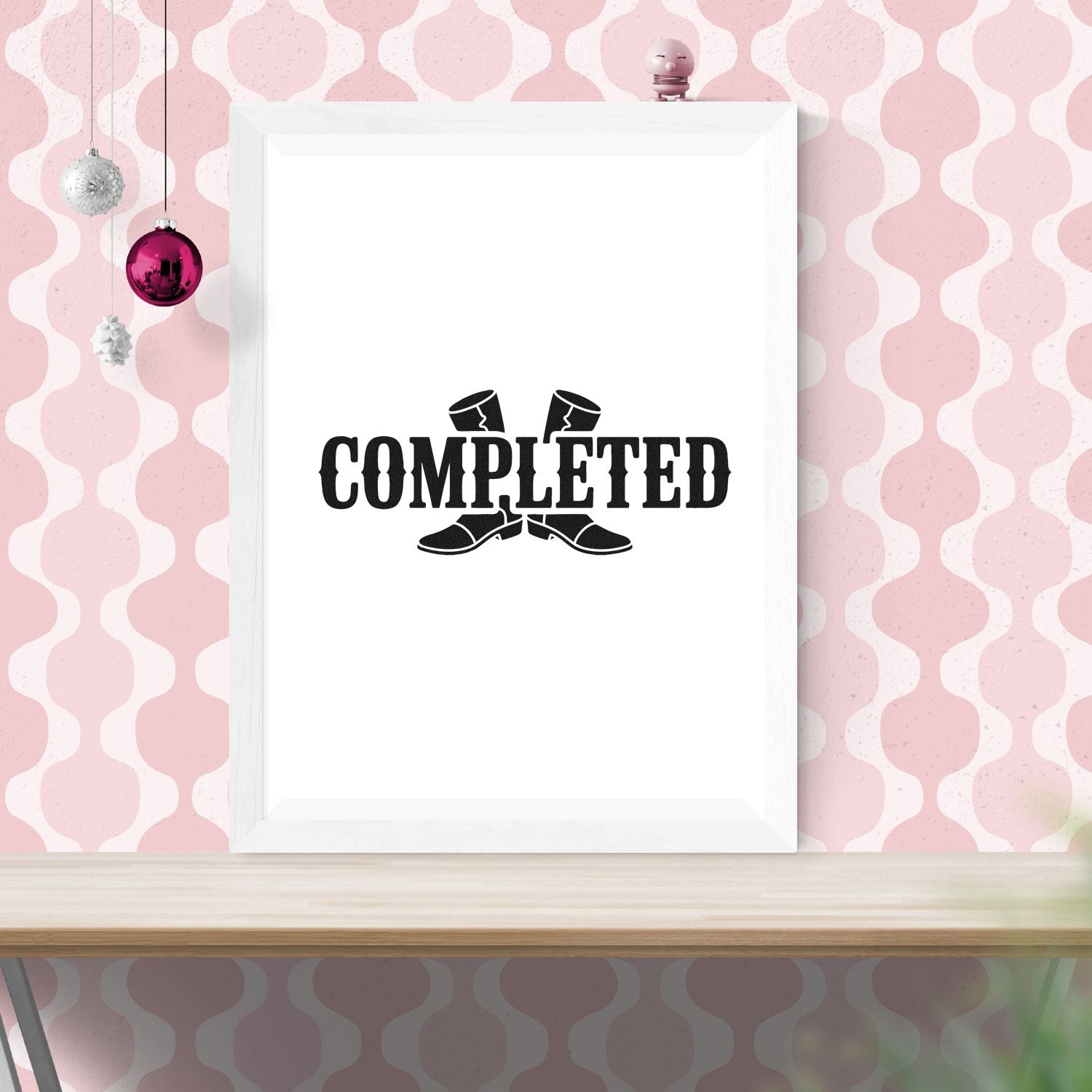 Completed rubber stamp design with bold vintage text for marking approved projects, office paperwork, and finished tasks.