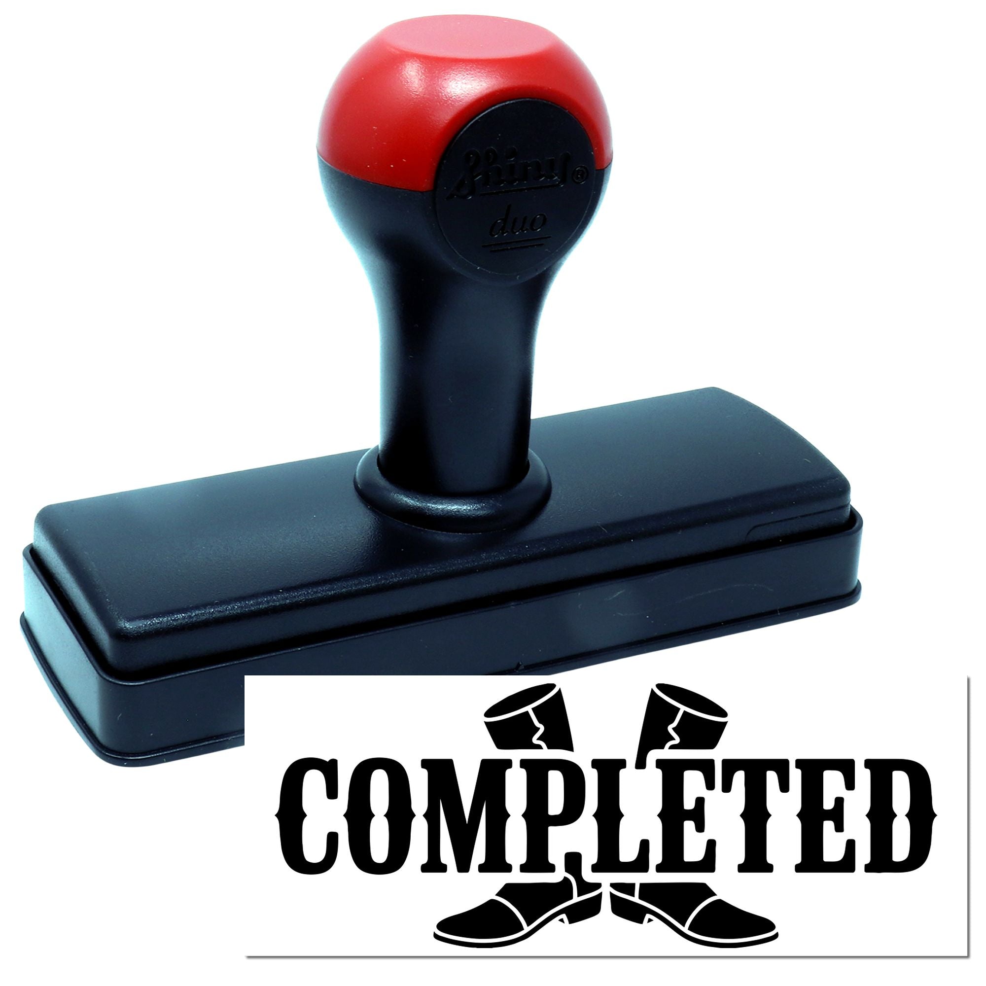 Self-inking rubber stamp with Completed imprint for office approvals, document marking, and workflow status.