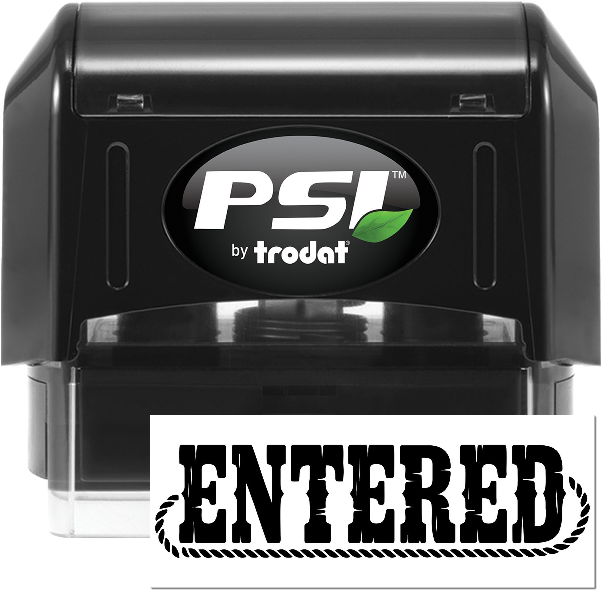 PSI by Trodat self-inking rubber stamp with ENTERED imprint for office document processing.