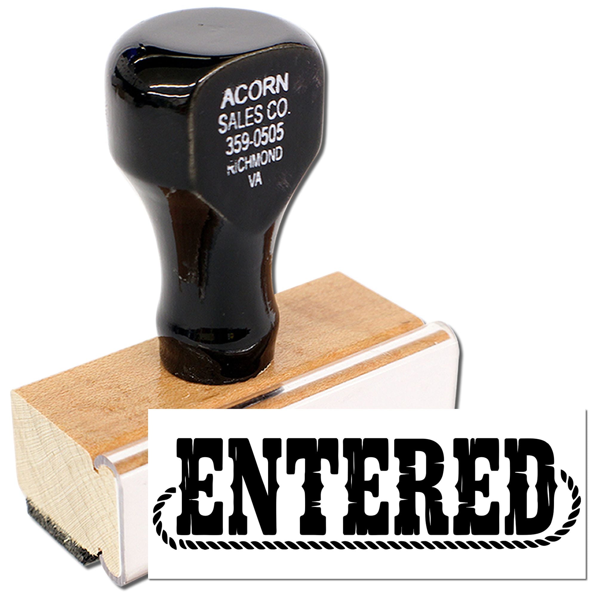 Entered rubber stamp with wooden handle for marking documents, mail, or records as received.