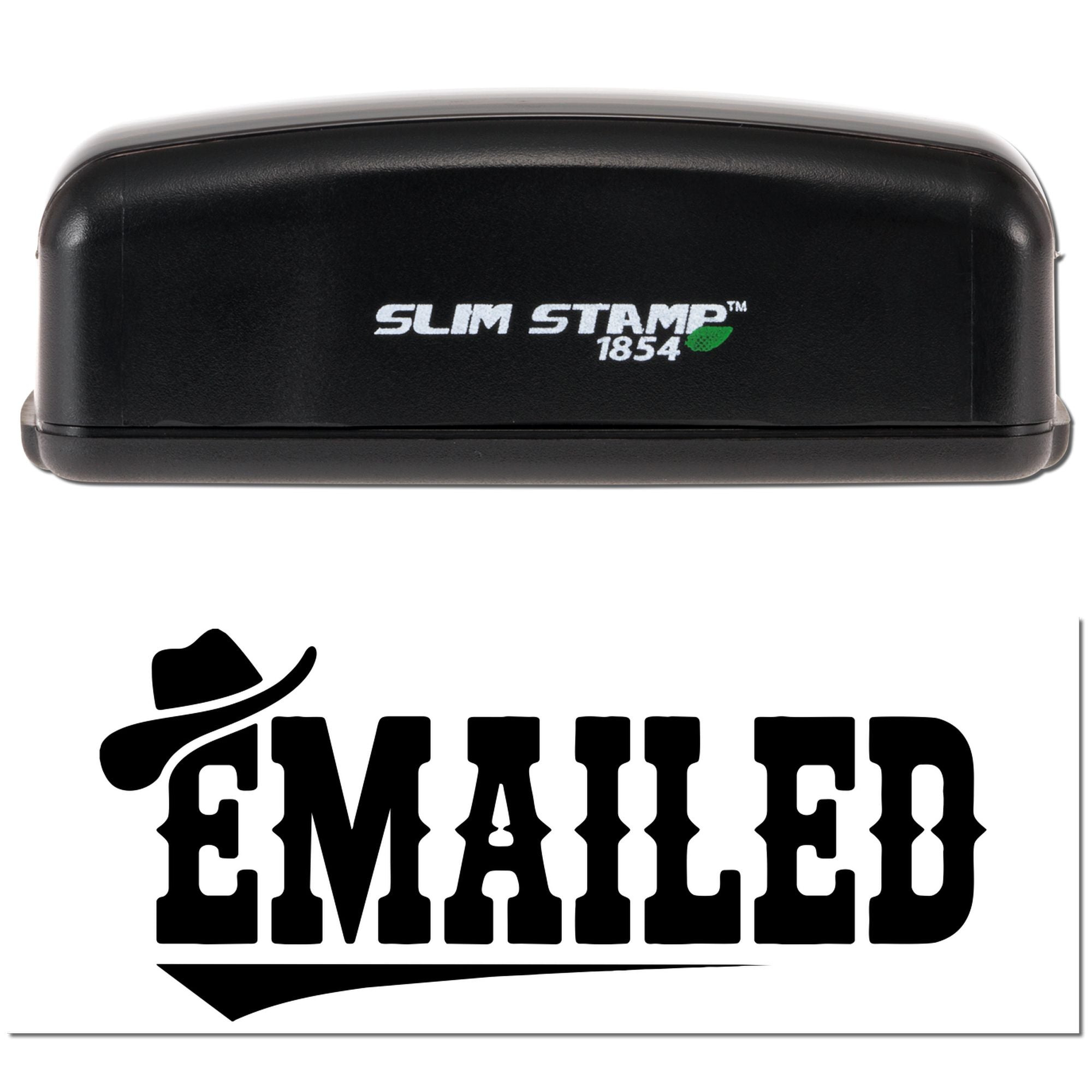 Slim Stamp 1854 self-inking custom rubber stamp with EMAILED imprint for office mail, returns, and branding.