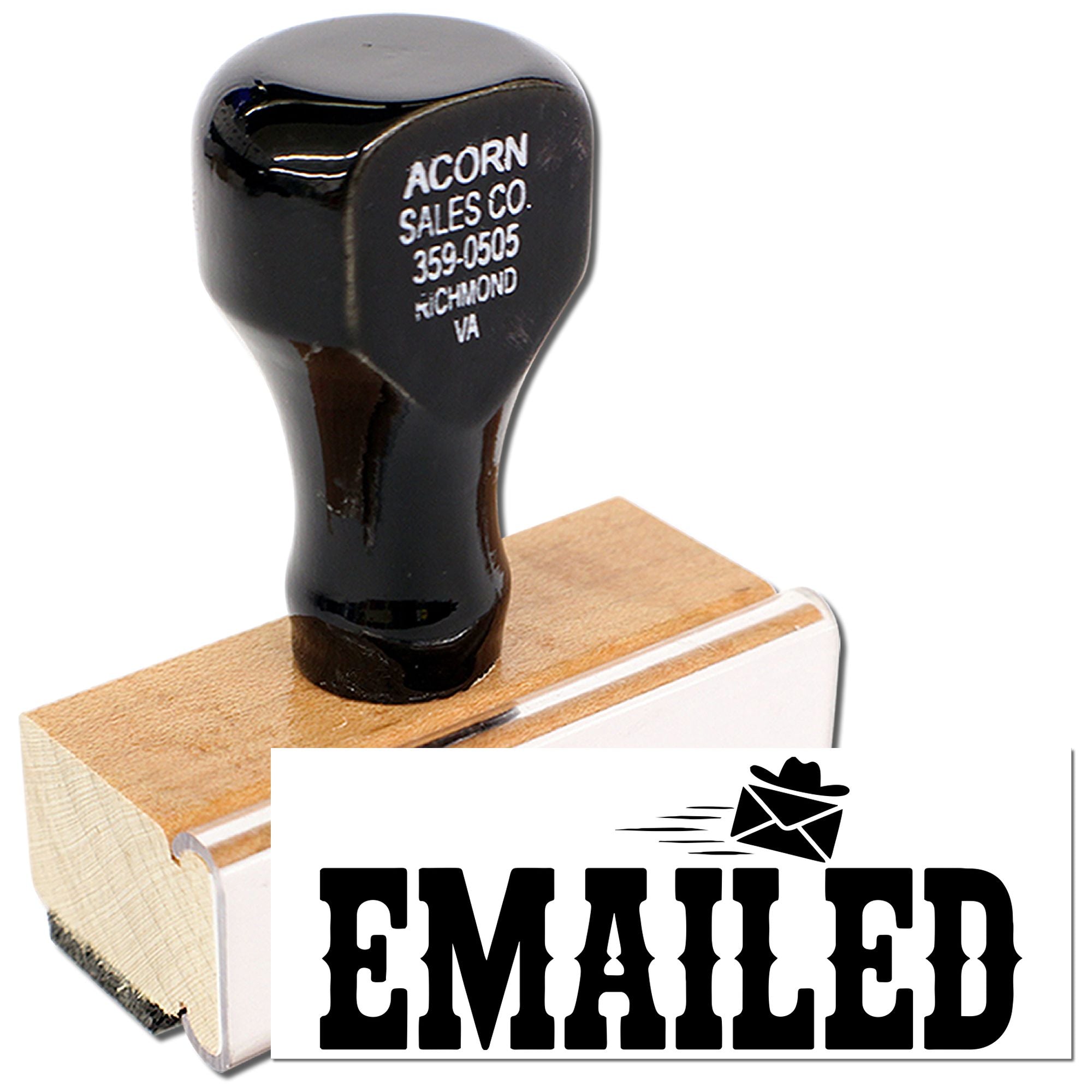 Custom Emailed rubber stamp with wood handle for marking invoices, orders, or mail as sent.