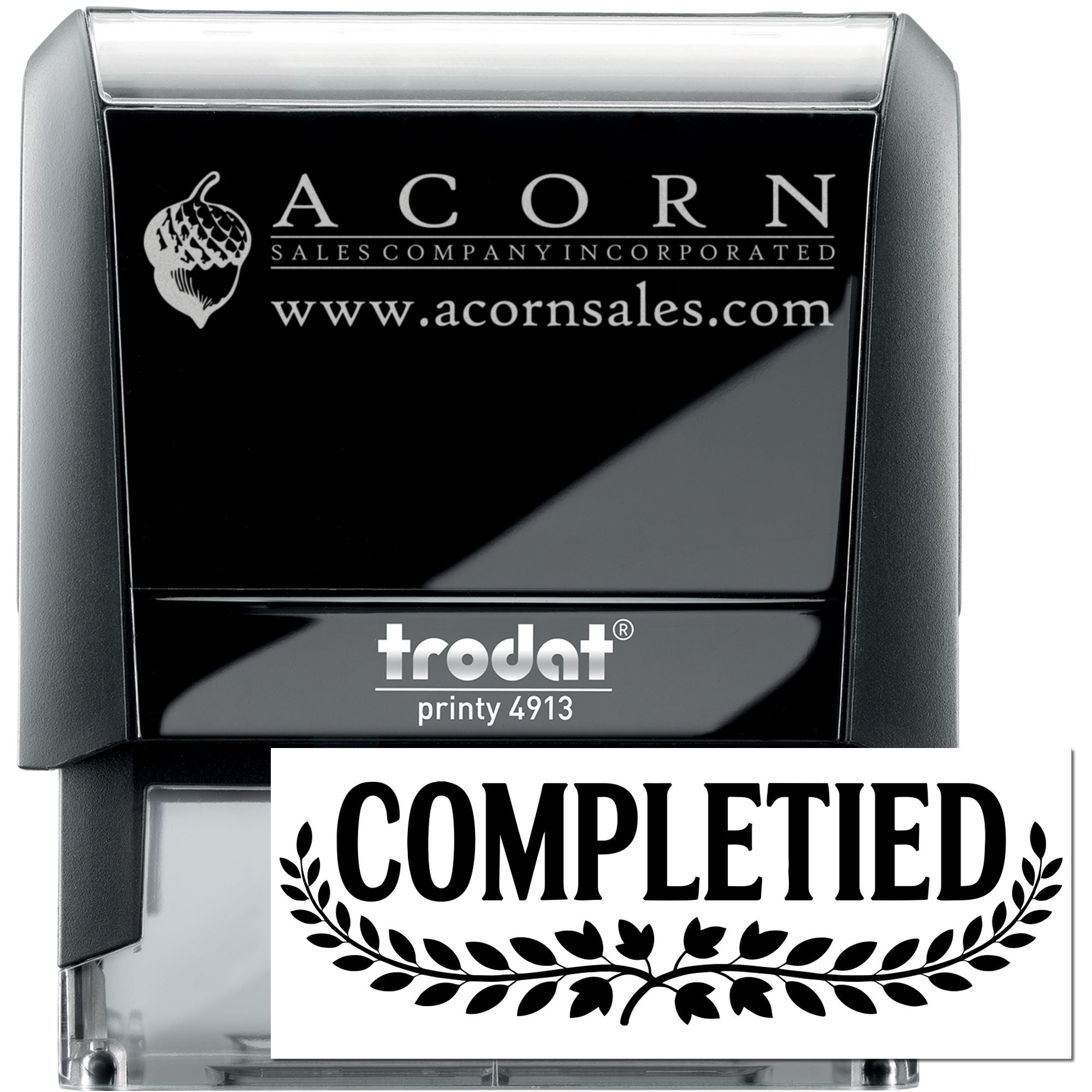 Custom self-inking rubber stamp with Acorn Sales Company logo and website, showing completed Trodat Printy 4913 imprint.