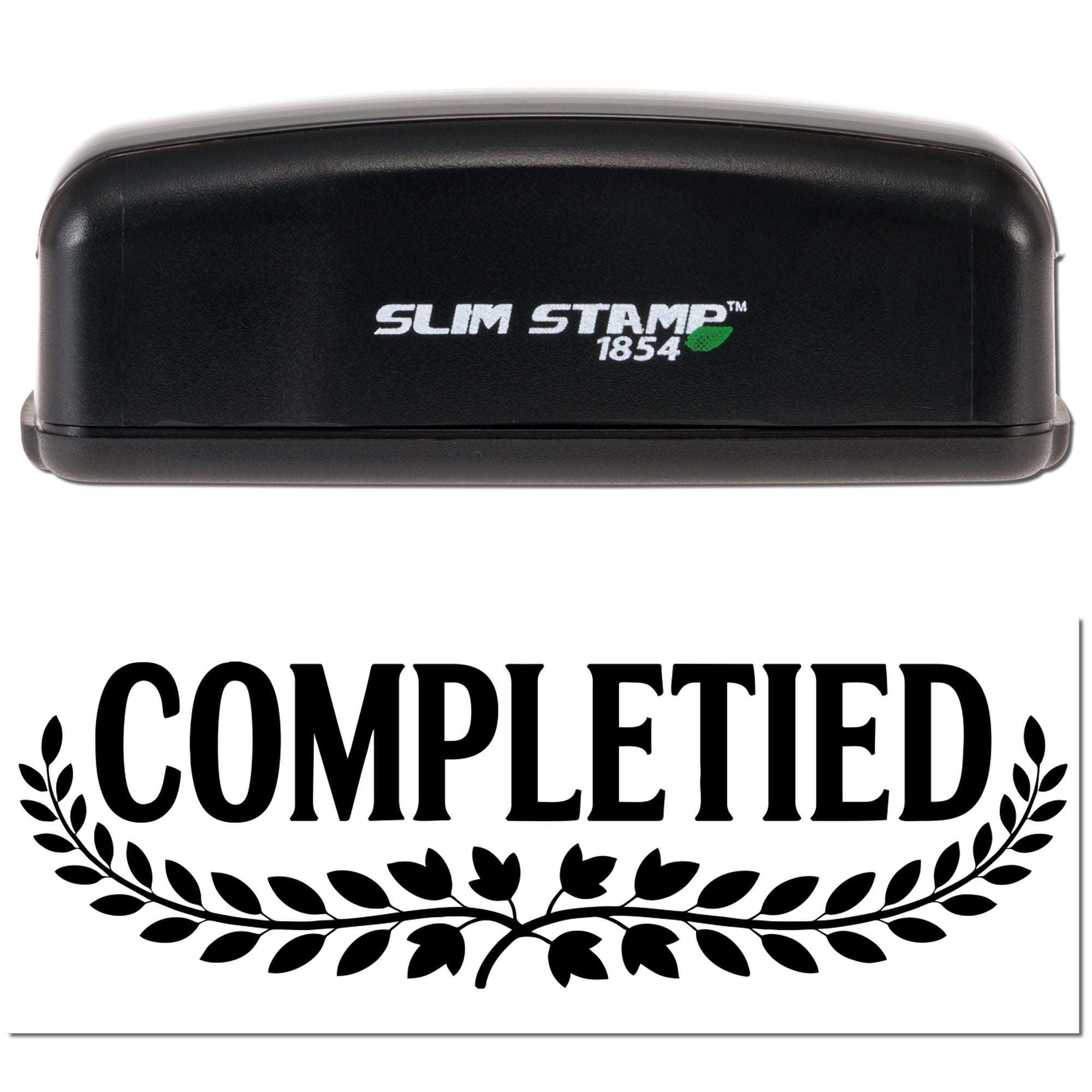 Slim Stamp 1854 self-inking rubber stamp imprint reading COMPLETED with laurel wreath design.