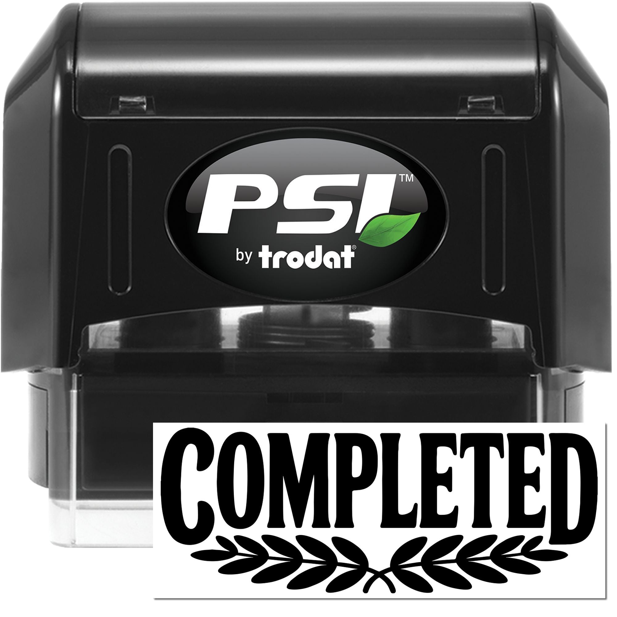 PSI by Trodat self-inking rubber stamp imprinting COMPLETED for office document approval and workflow tracking.
