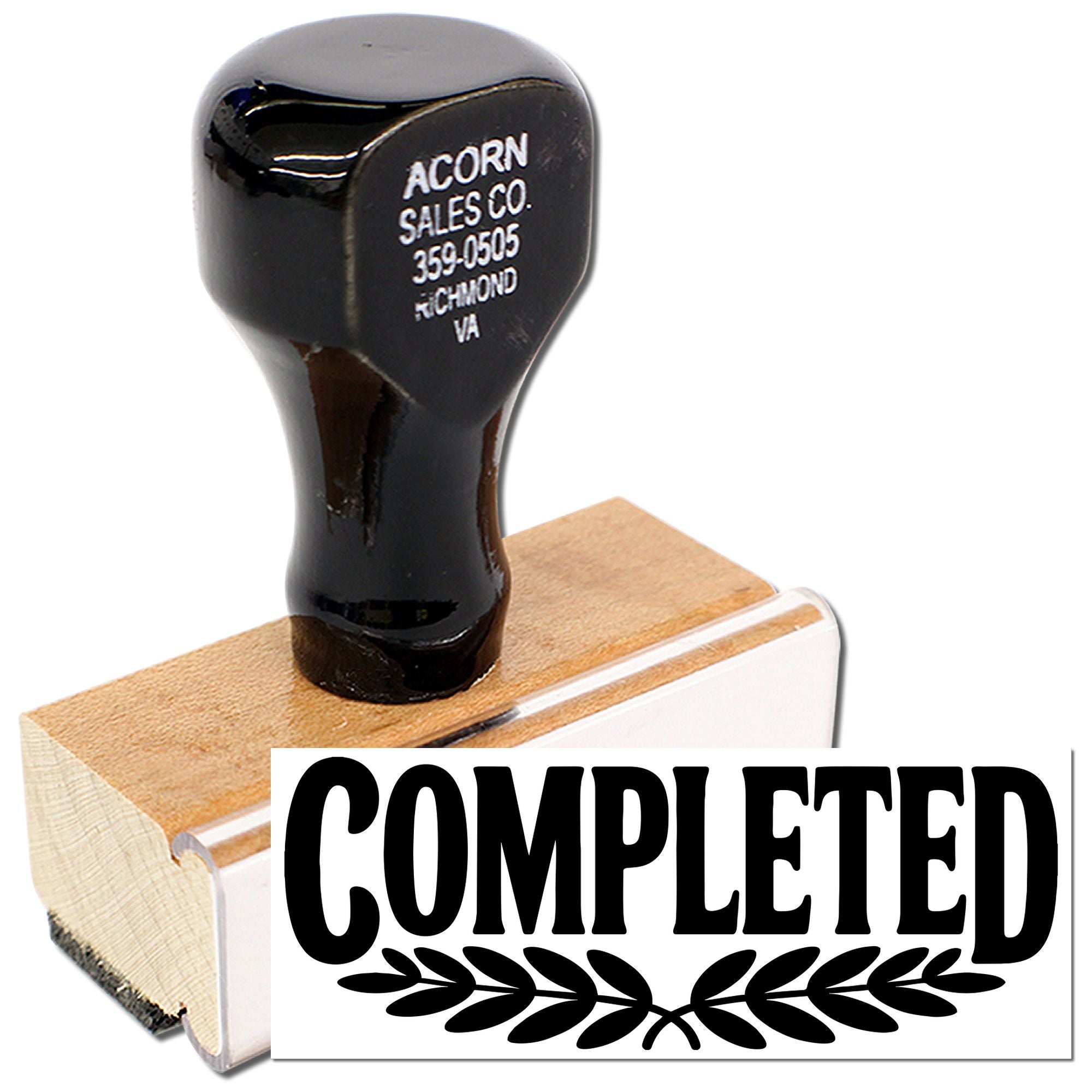 Wooden rubber stamp with Completed imprint for office document approval and record marking.