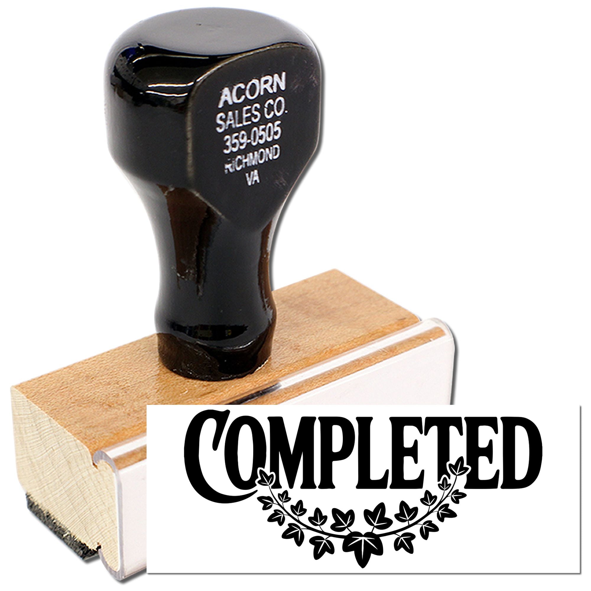 Completed rubber stamp for marking documents approved or finished, with custom business name and address on handle.