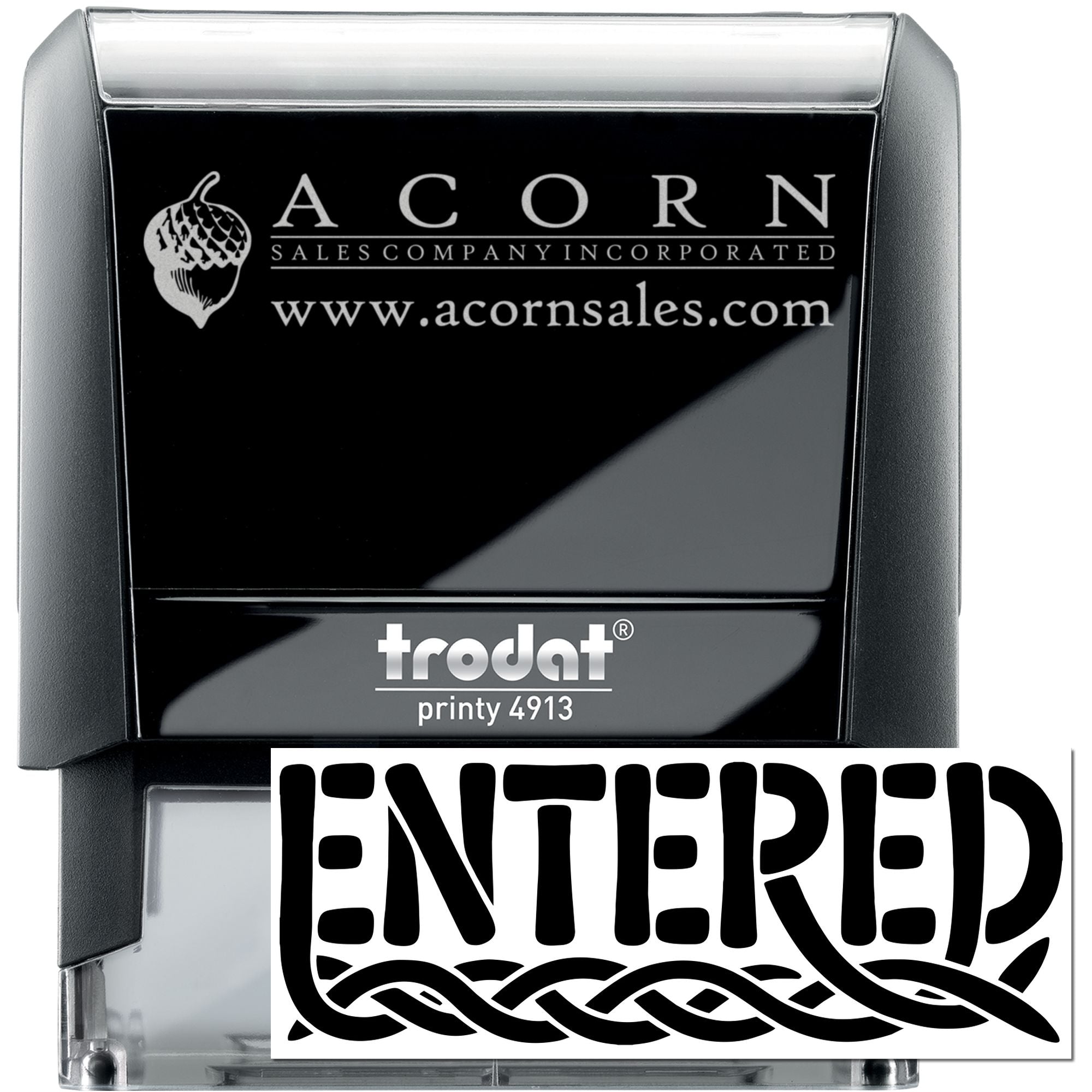 Custom self-inking rubber stamp with Acorn Sales logo, website, and Entered imprint, Trodat Printy 4913 business stamp