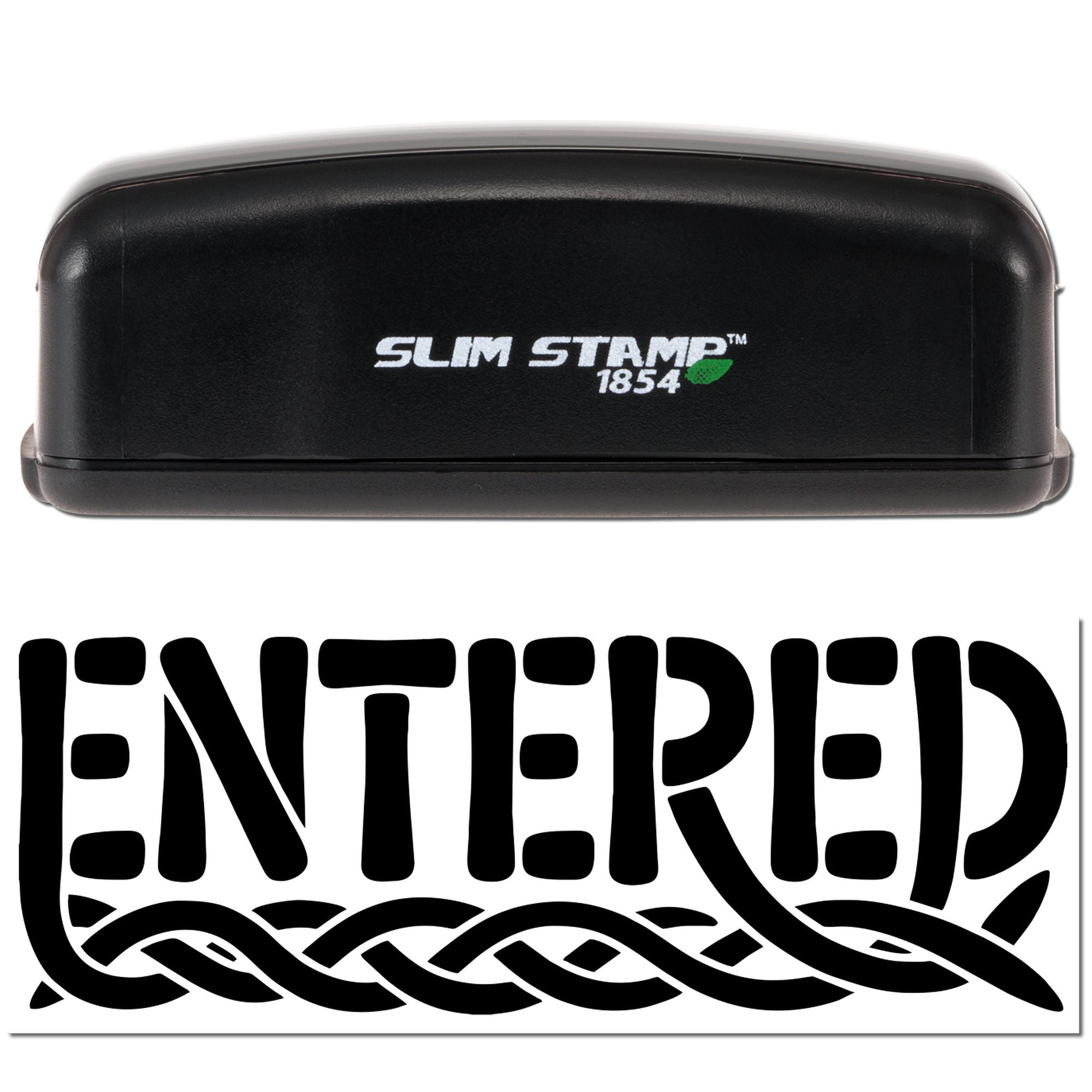 Slim Stamp 1854 self-inking rubber stamp with ENTERED design for document processing and office records.