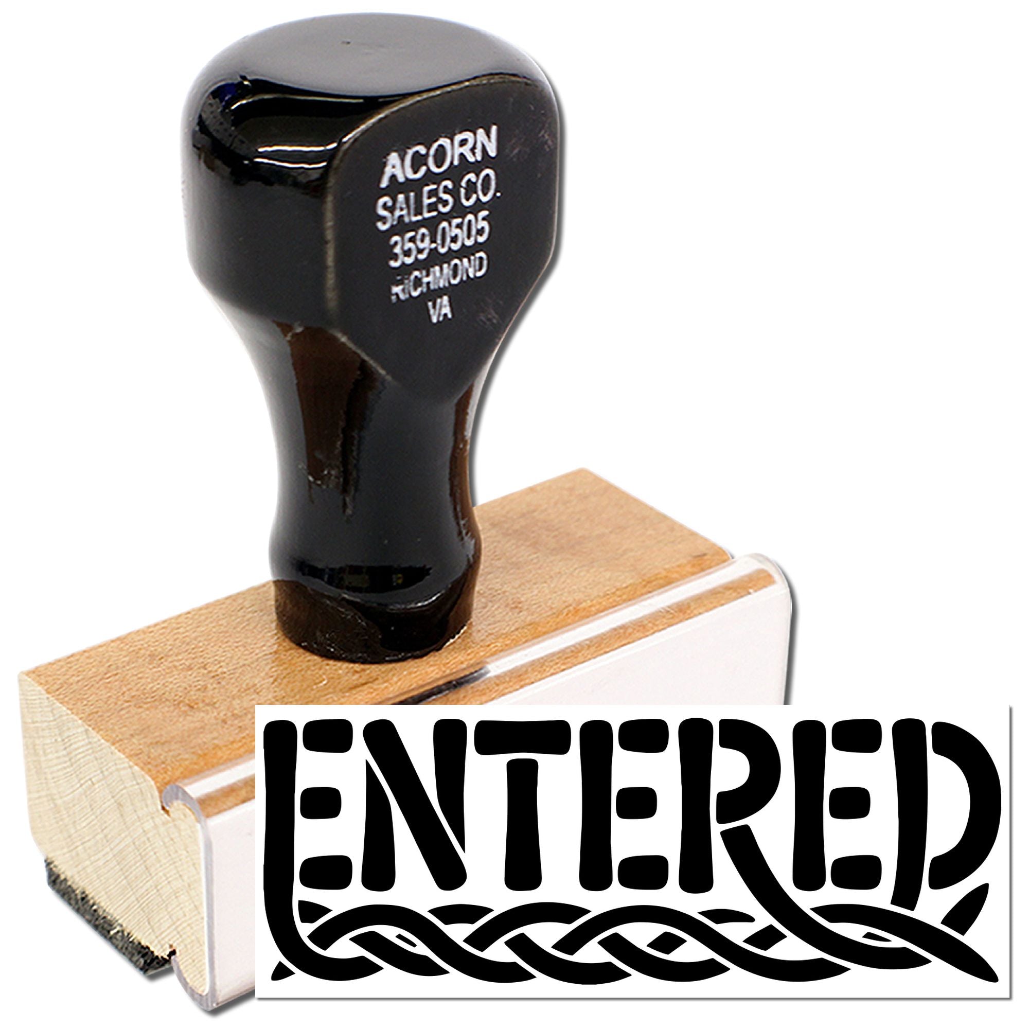 Custom rubber stamp with ENTERED imprint for office filing, document processing, and business record approval.