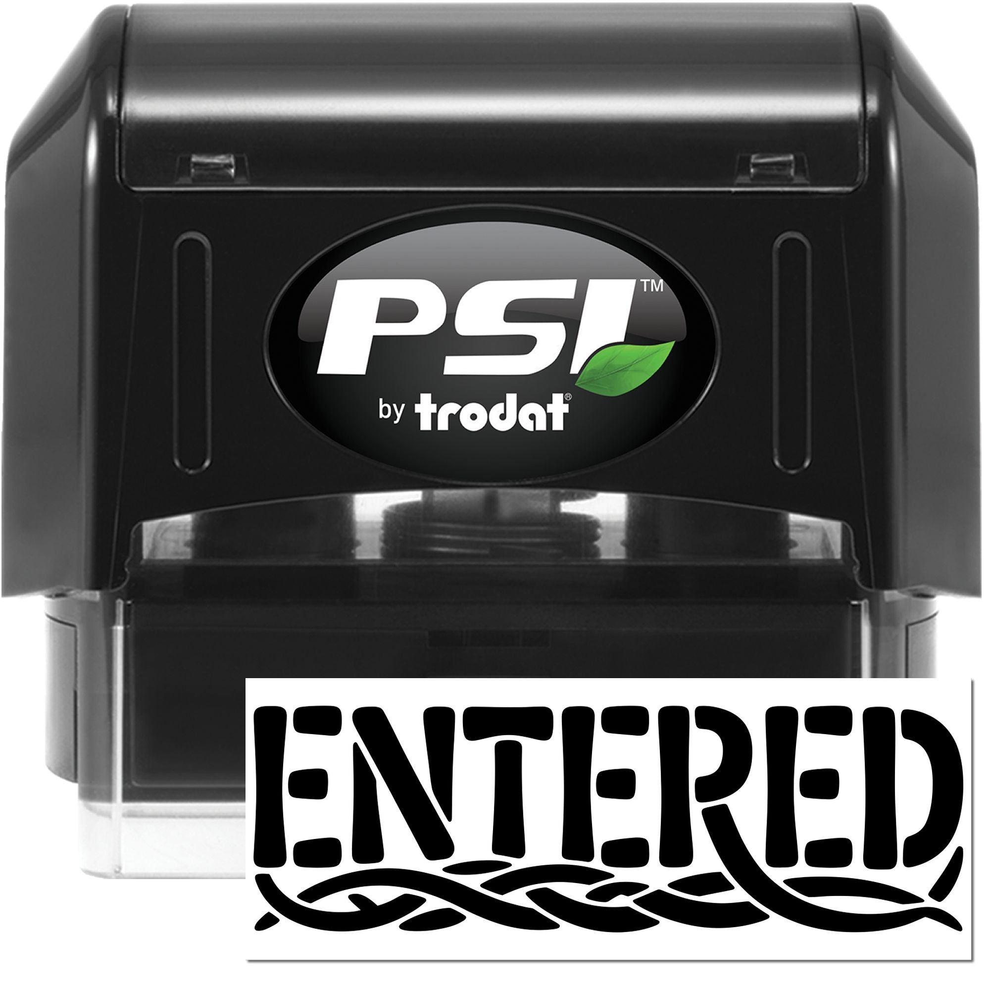 PSI by Trodat self-inking rubber stamp with ENTERED imprint for office document processing and record keeping.