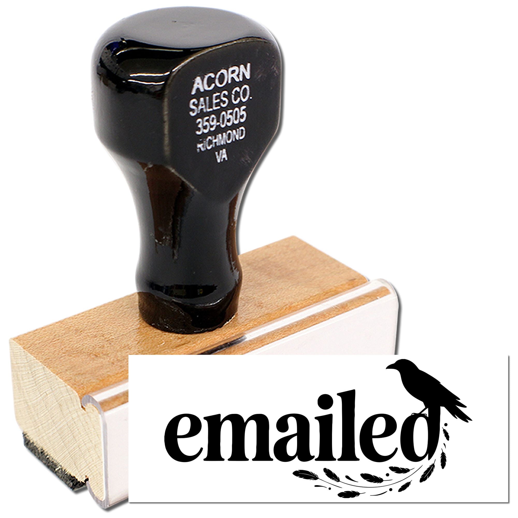 Custom rubber stamp with emailed imprint for office document tracking and mail processing.