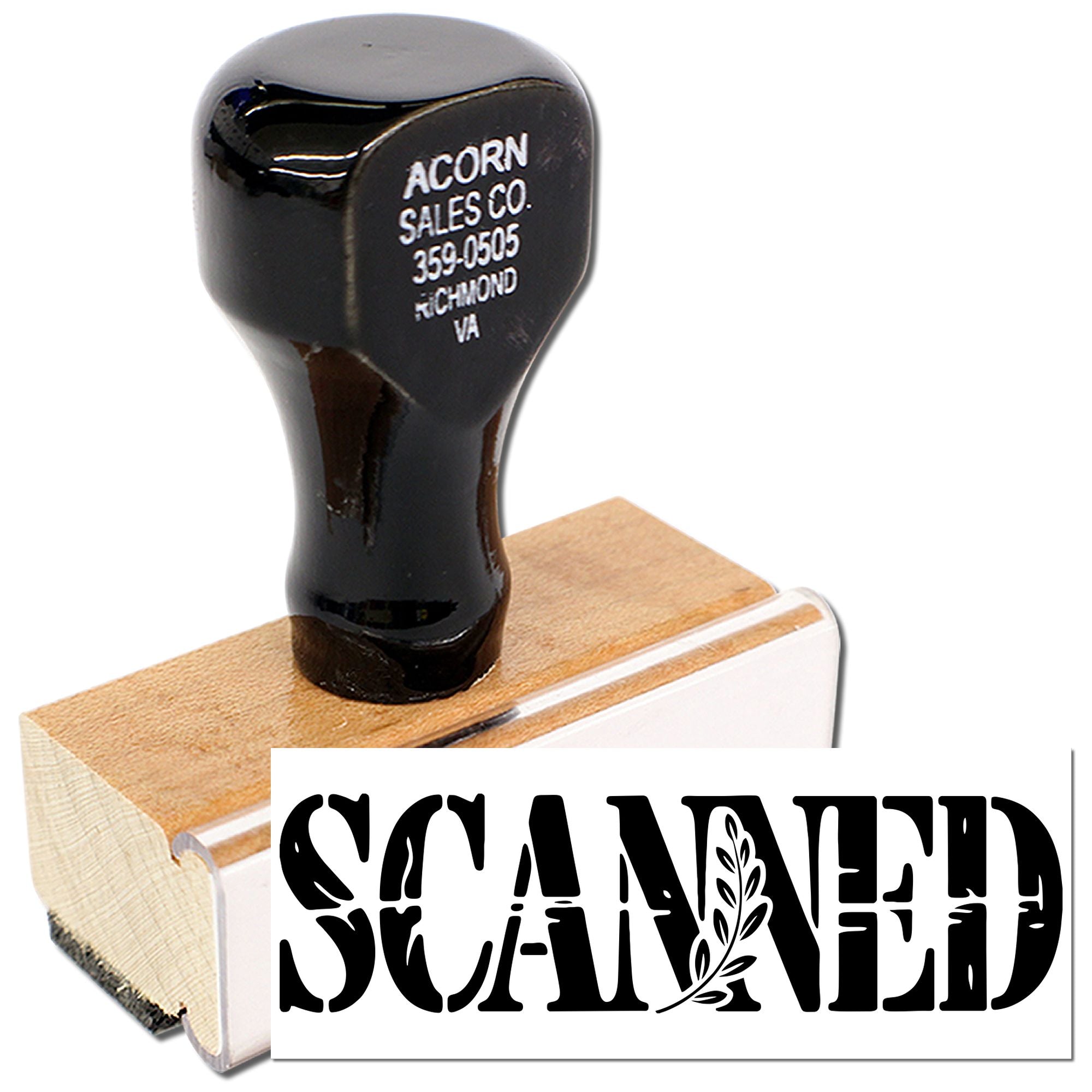 Custom rubber stamp with SCANNED message for office documents, mail processing, and business paperwork.