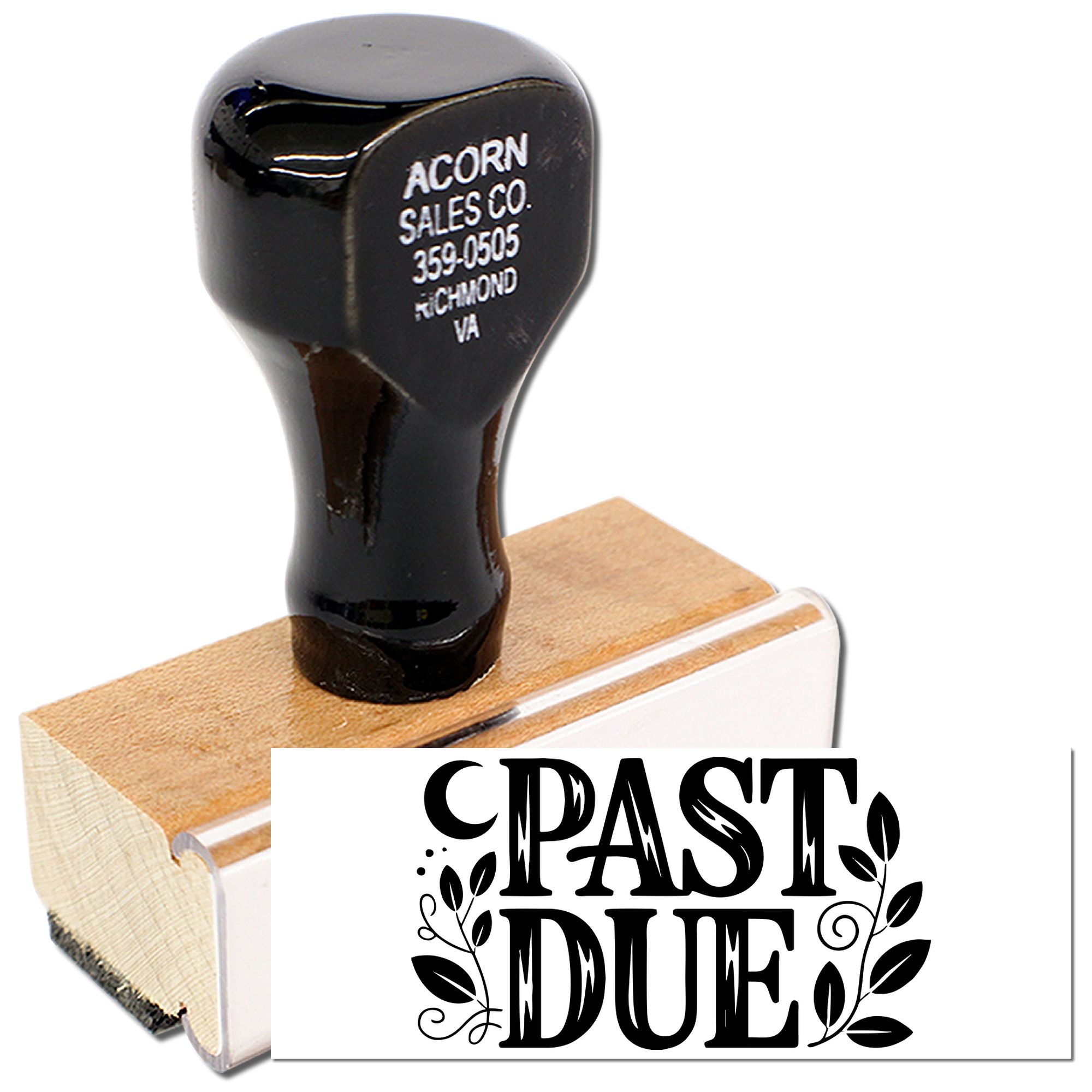 Custom wood-handle rubber stamp with PAST DUE design for marking overdue invoices and office paperwork.