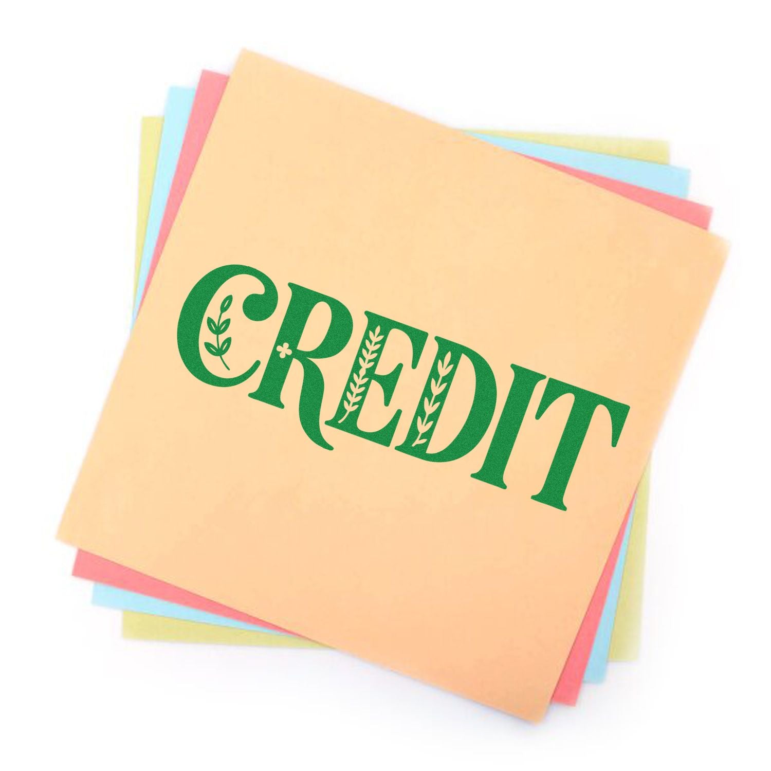 Custom CREDIT rubber stamp design on pastel paper sheets for bookkeeping, invoicing, or payment records.