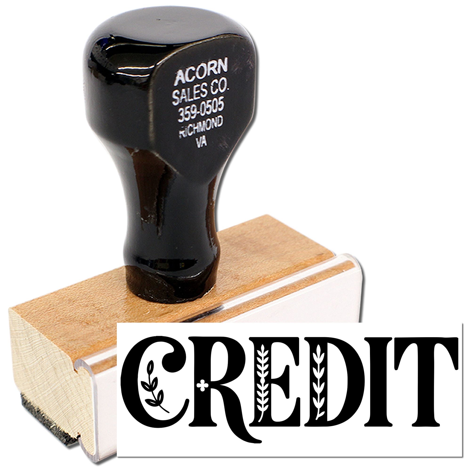 Custom wooden rubber stamp with CREDIT design for marking invoices, accounts, and business documents.