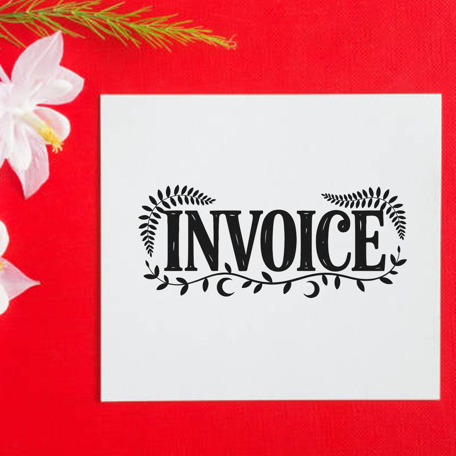 Decorative invoice rubber stamp design with floral border, ideal for business paperwork and accounting documents.