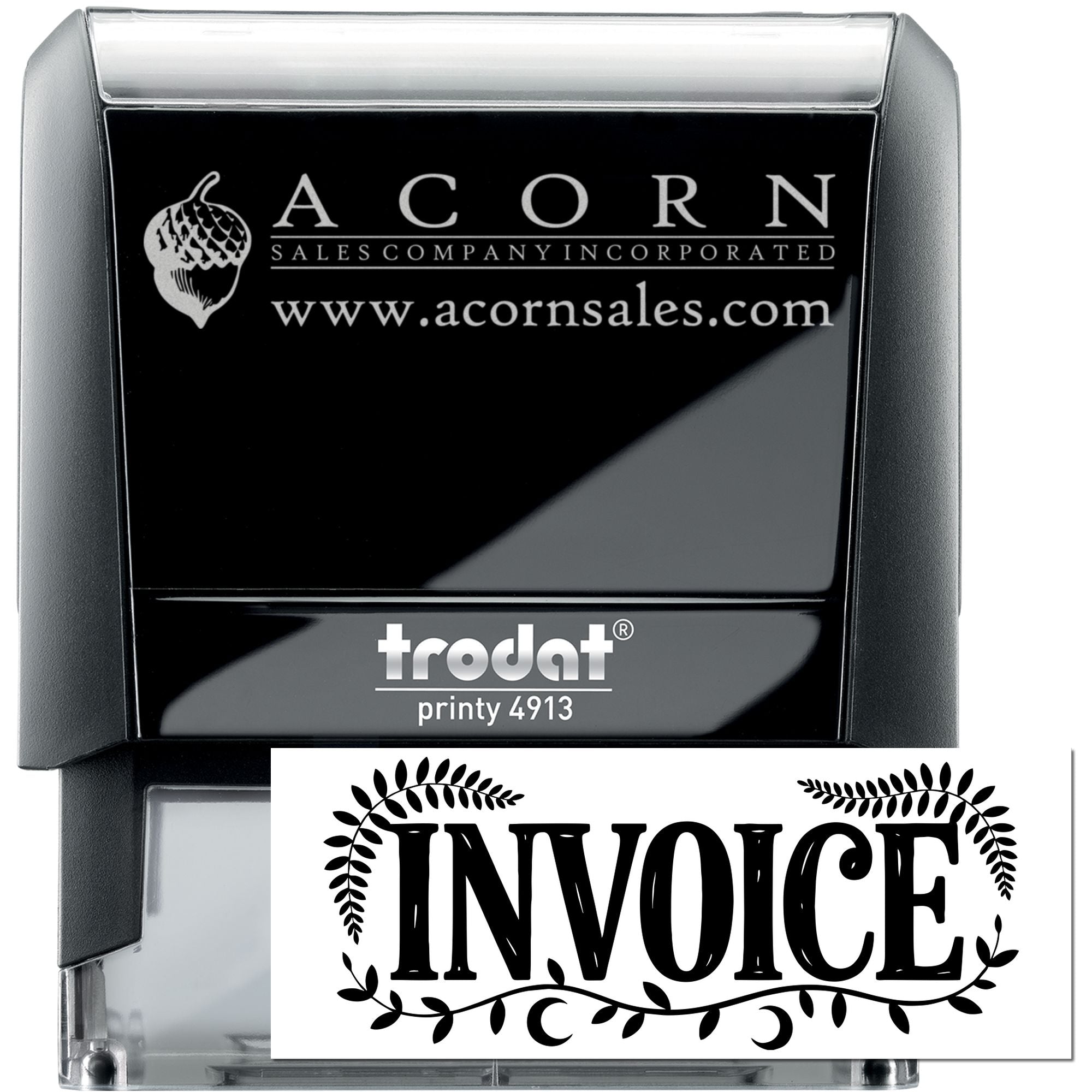 Trodat Printy 4913 self-inking custom rubber stamp with Acorn Sales logo and invoice imprint for business paperwork