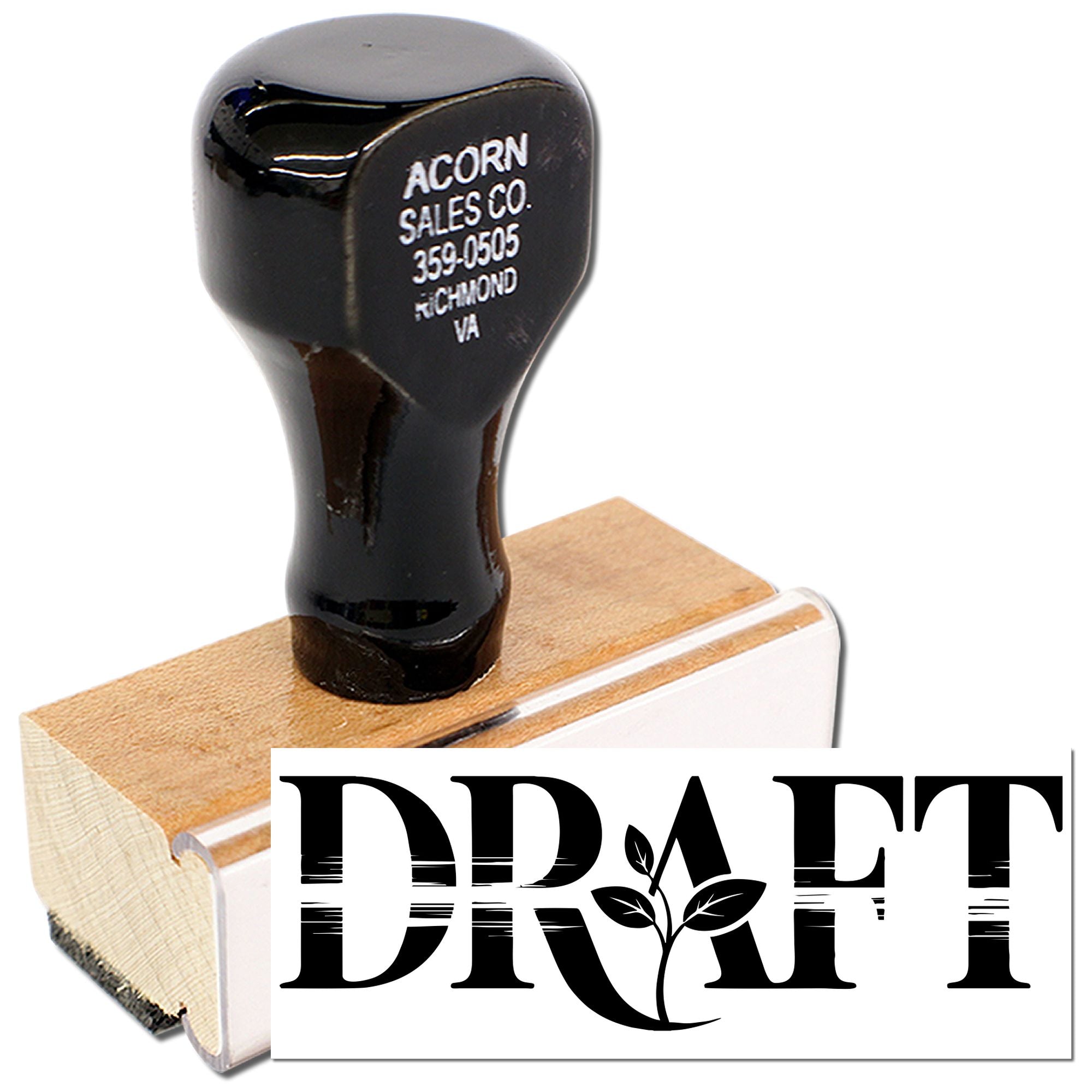 Custom DRAFT rubber stamp with Acorn Sales Co. handle for marking documents, proofs and office paperwork.