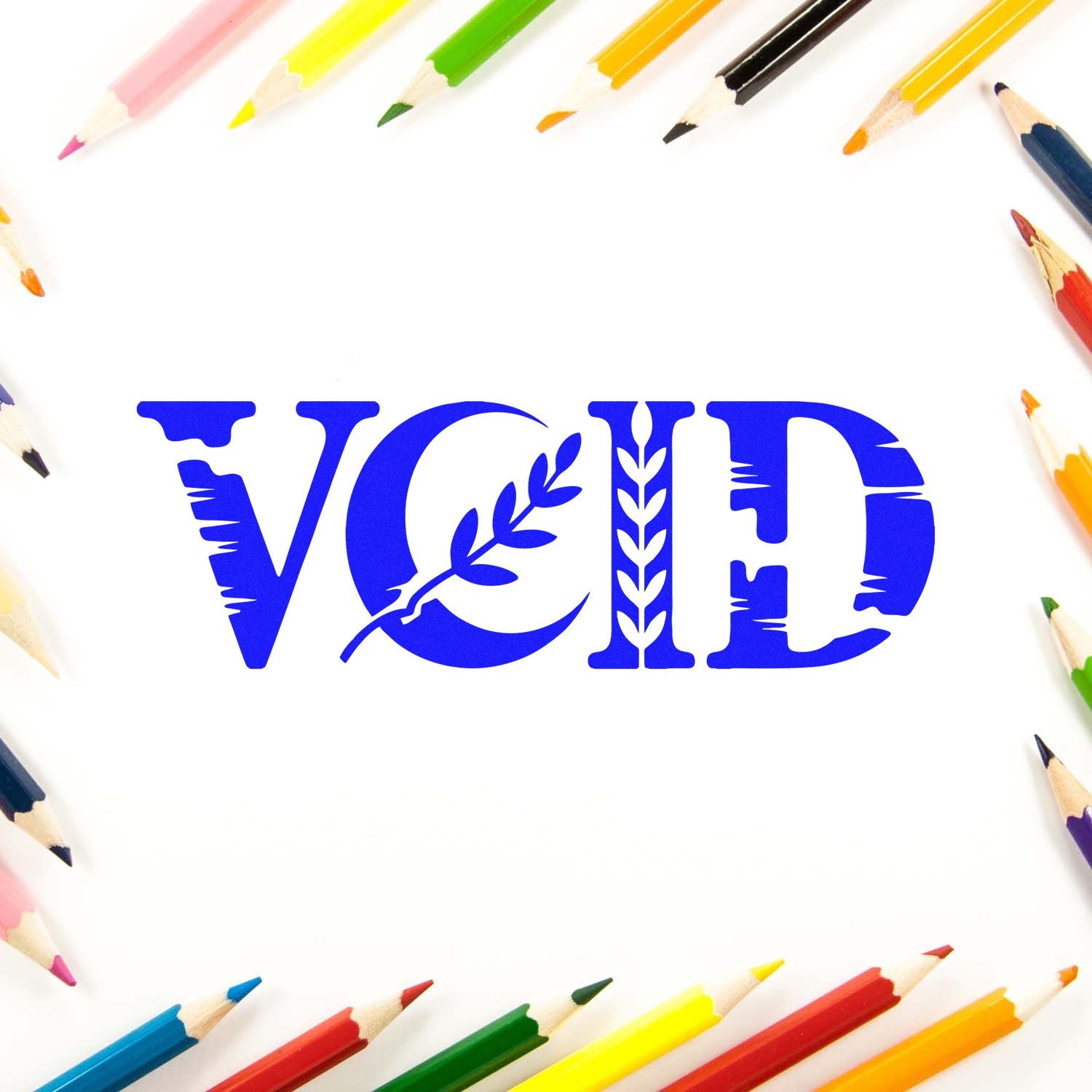 Blue VOID rubber stamp design with decorative leaf lettering, framed by colored pencils on a white background.
