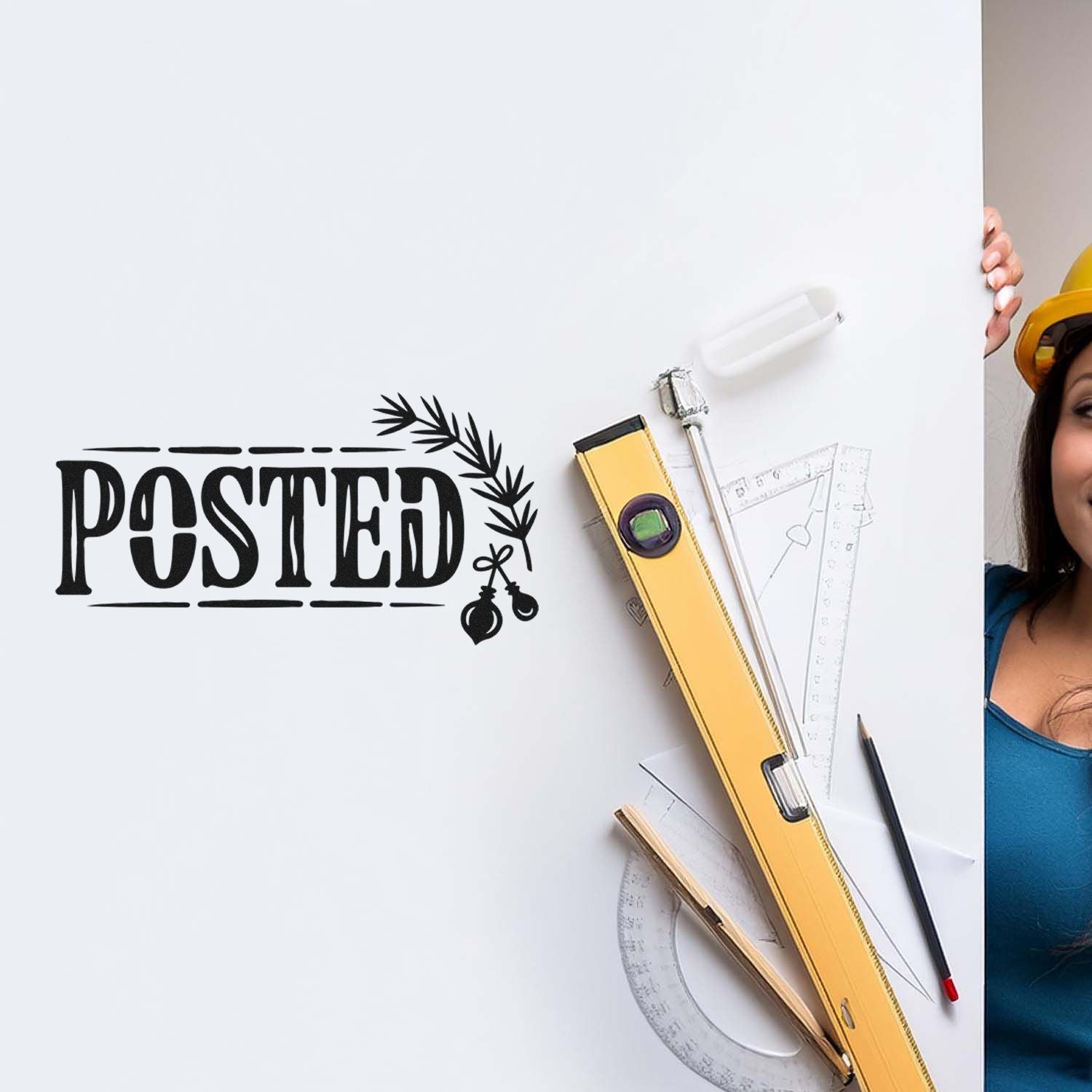 Custom POSTED rubber stamp design for construction notices, shown with drafting tools on a poster board.