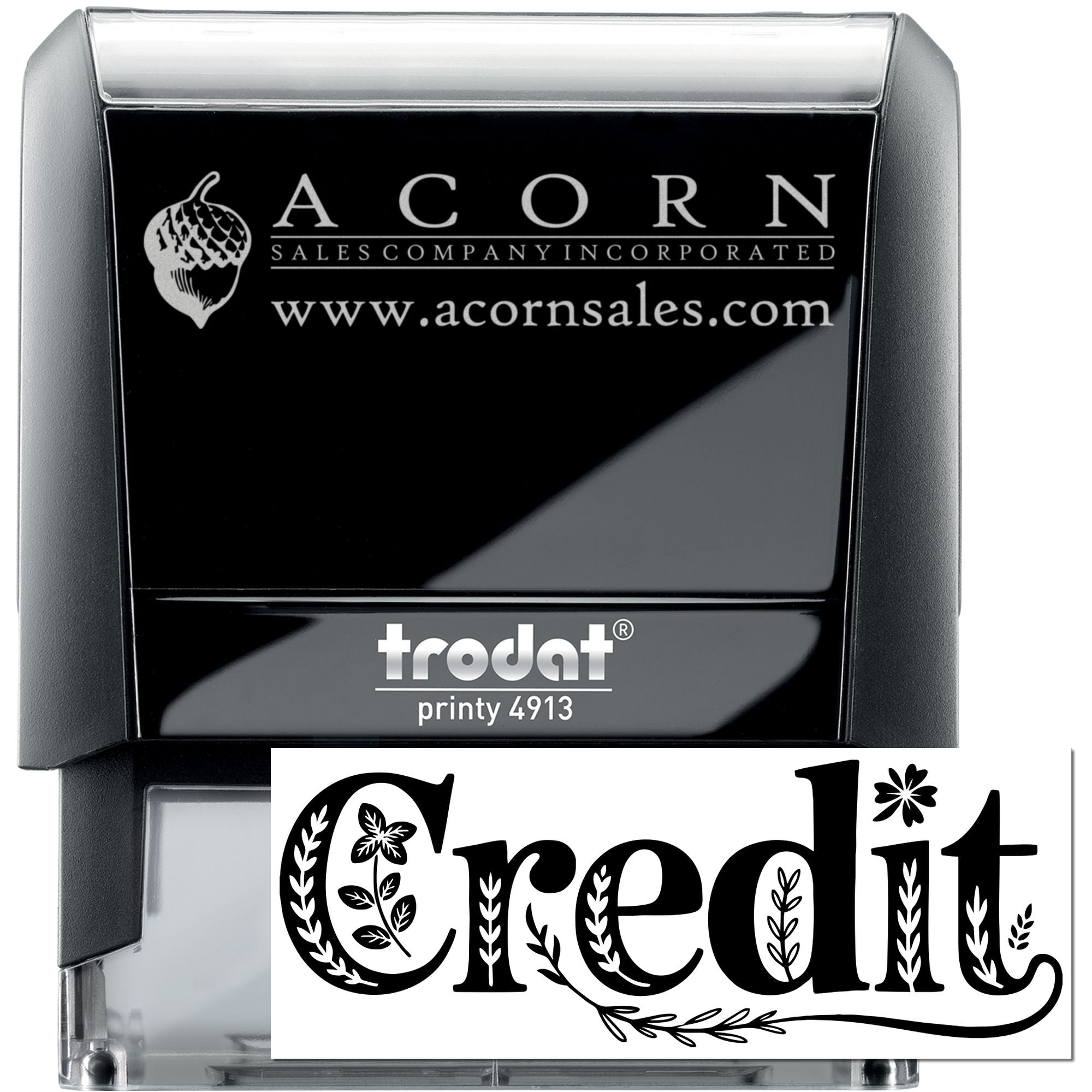 Custom self-inking rubber stamp for ACORN Sales Company with website and decorative Credit imprint design.