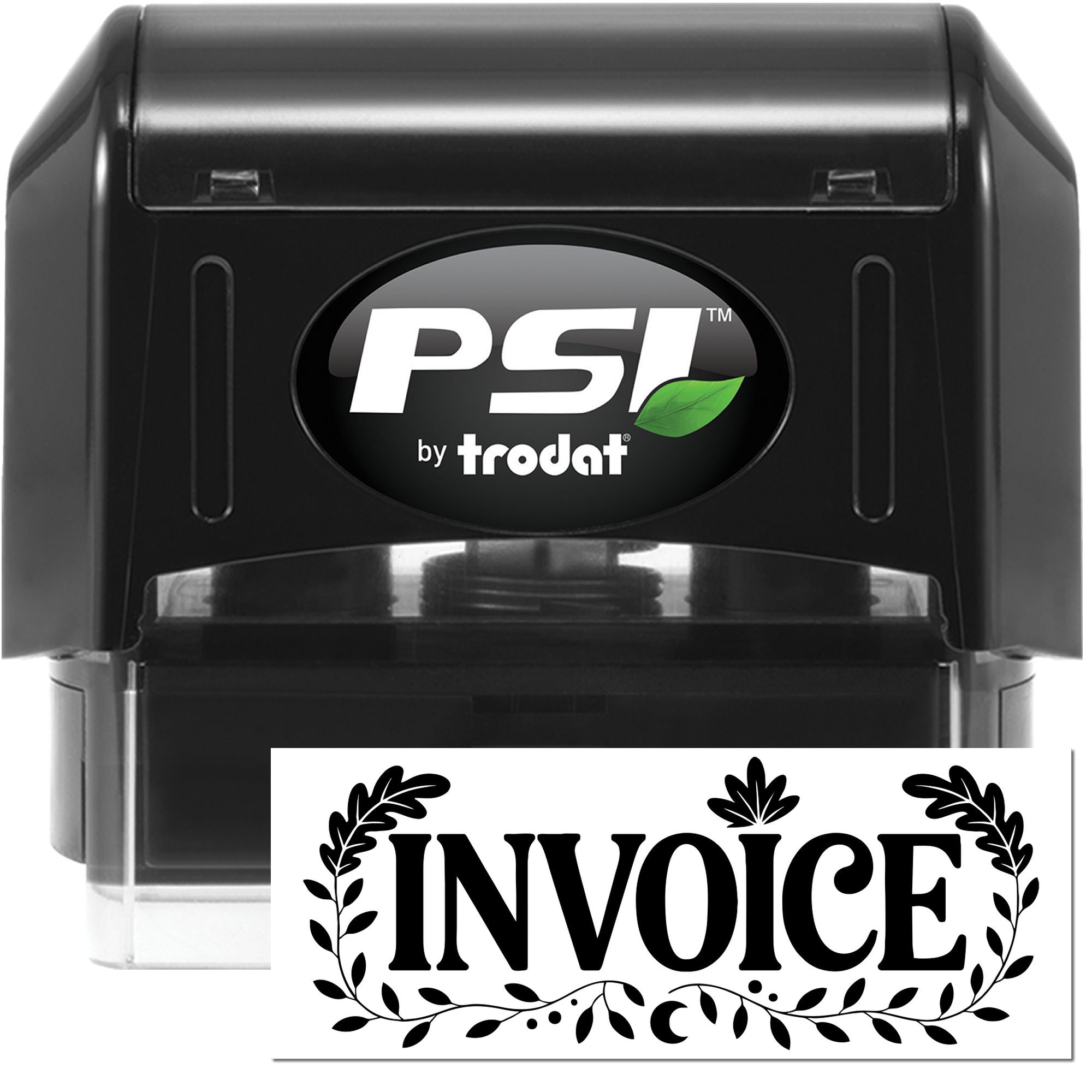 PSI by Trodat self-inking rubber stamp with custom invoice imprint for office billing and bookkeeping.