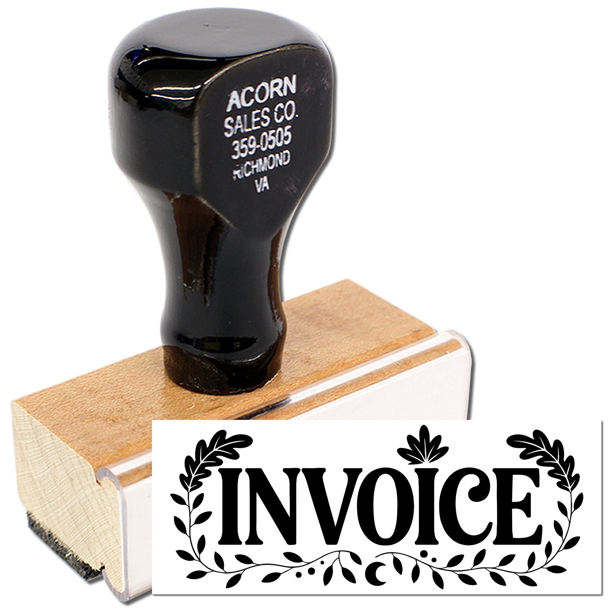 Custom invoice rubber stamp for business paperwork, featuring a wooden handle and bold decorative invoice imprint.