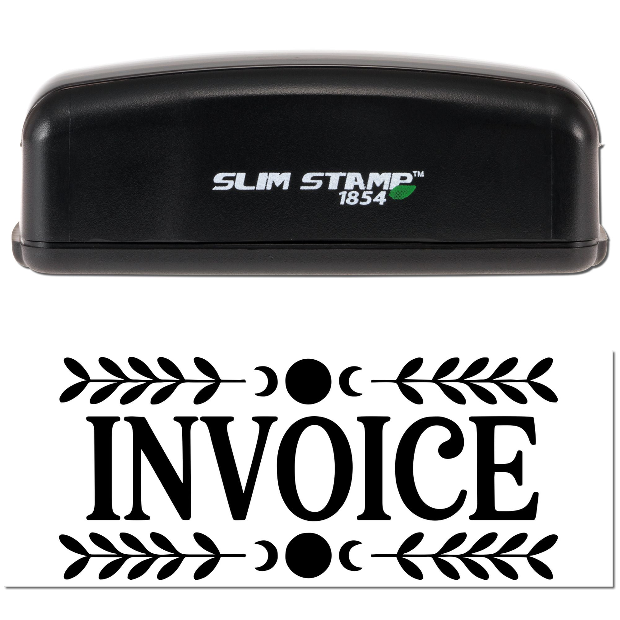 Invoice rubber stamp with decorative leaf border, Slim Stamp 1854 self-inking design for office billing paperwork.