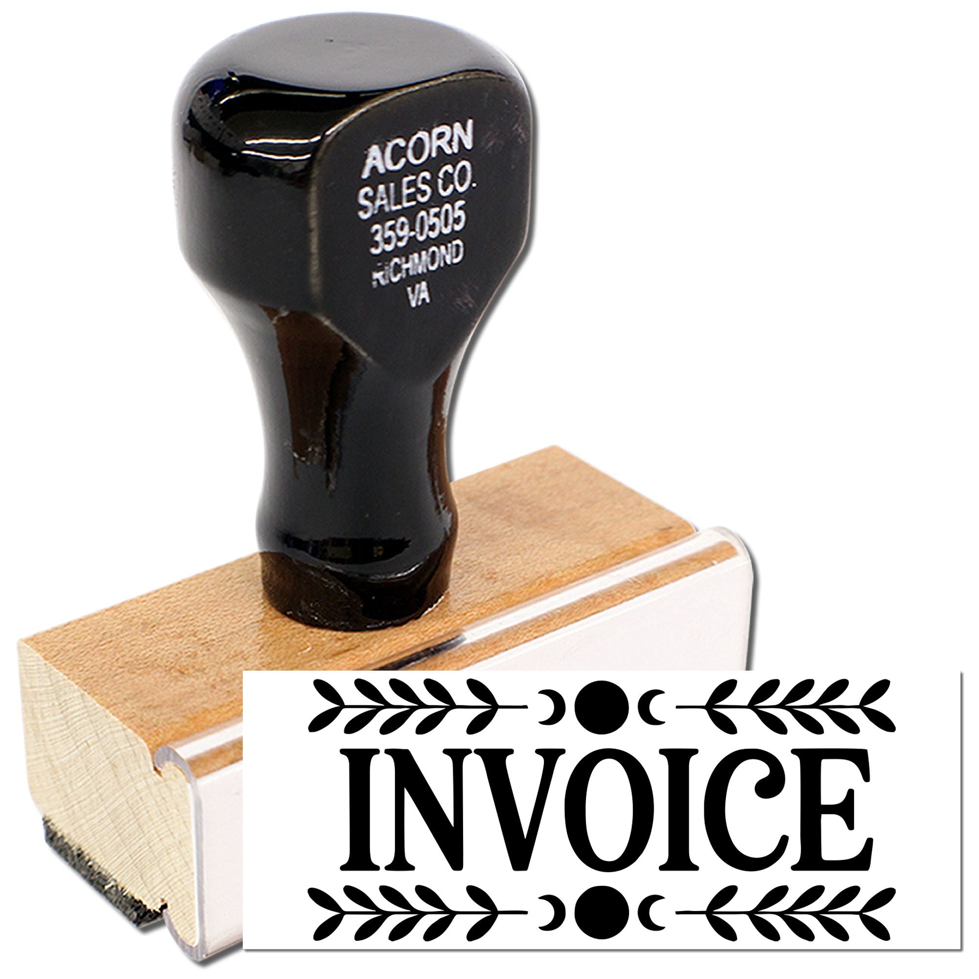 Custom invoice rubber stamp with wooden handle and Acorn Sales Co. imprint for business billing.