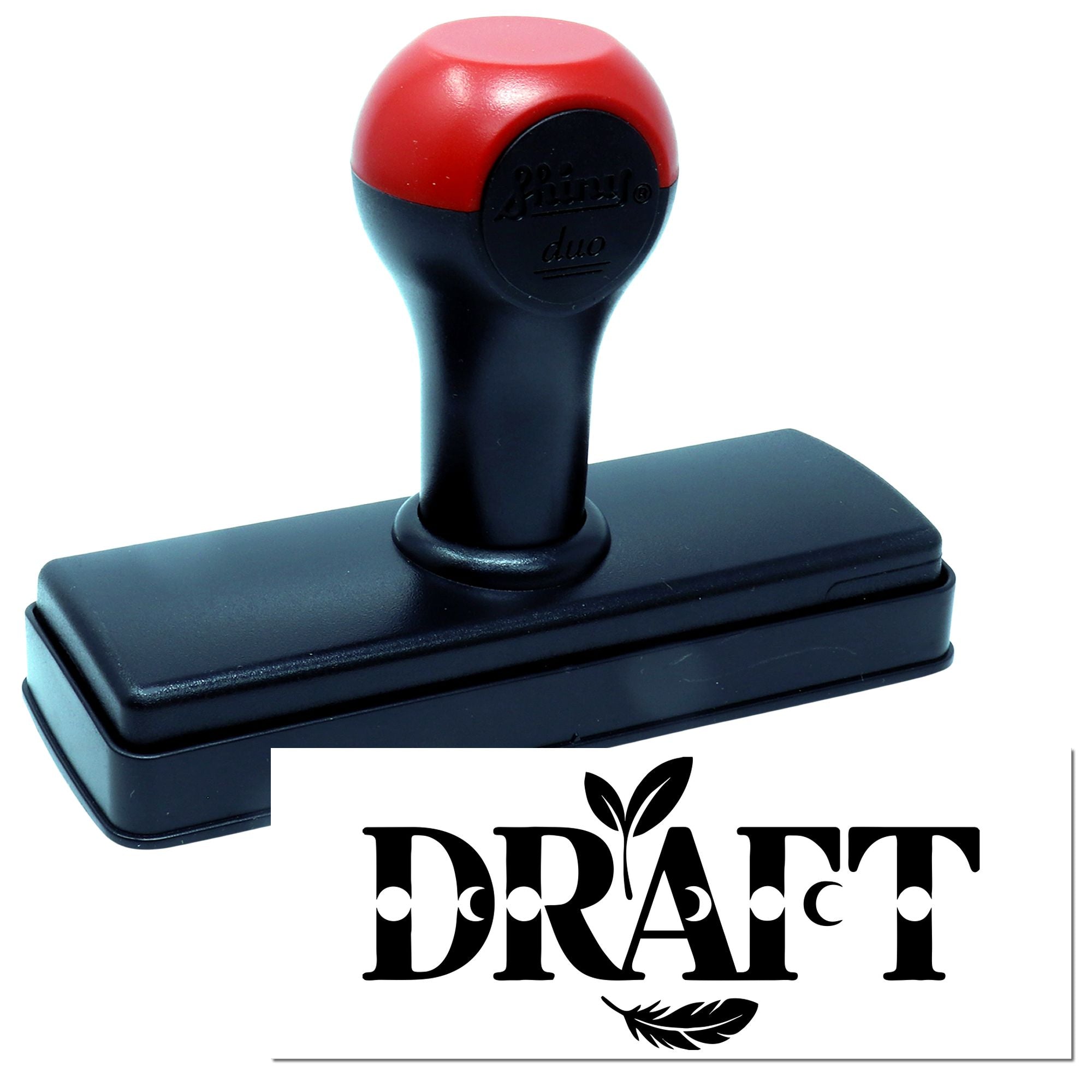 Custom self-inking rubber stamp with DRAFT imprint for office document review and approval.