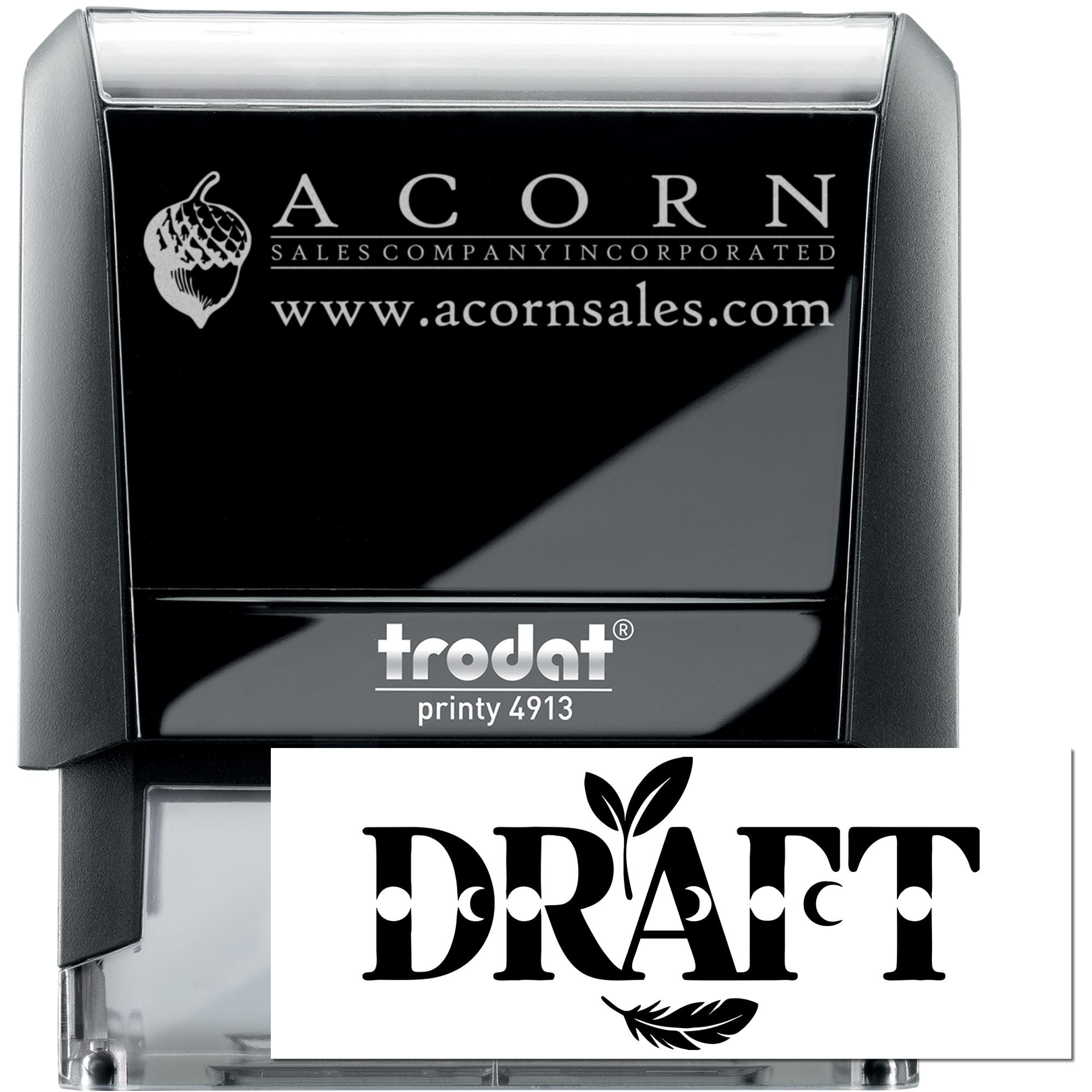 Custom logo rubber stamp proof on Trodat Printy 4913 self-inking stamp with Acorn Sales Company artwork.
