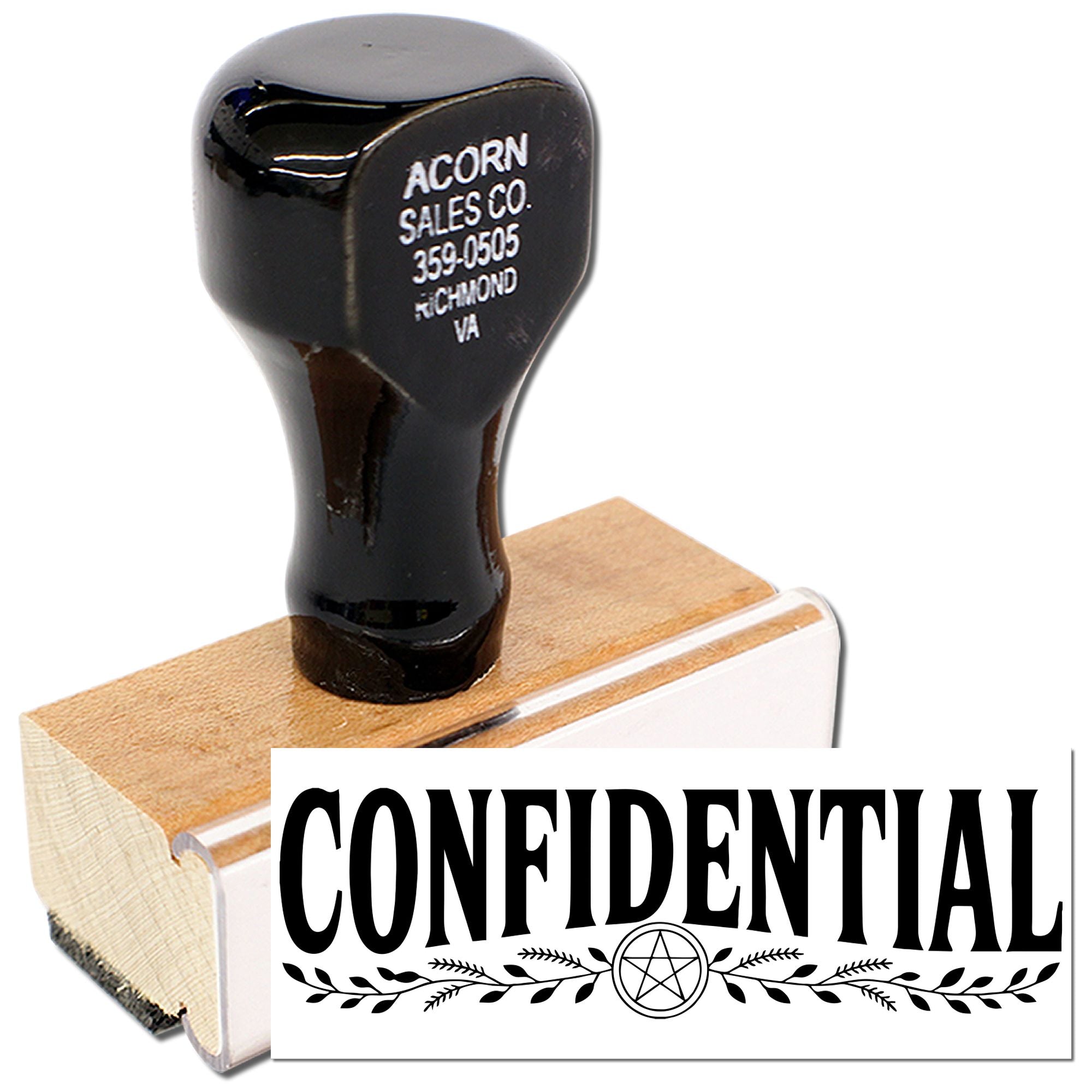 Confidential rubber stamp with wooden handle and decorative design for marking secure office documents and files.